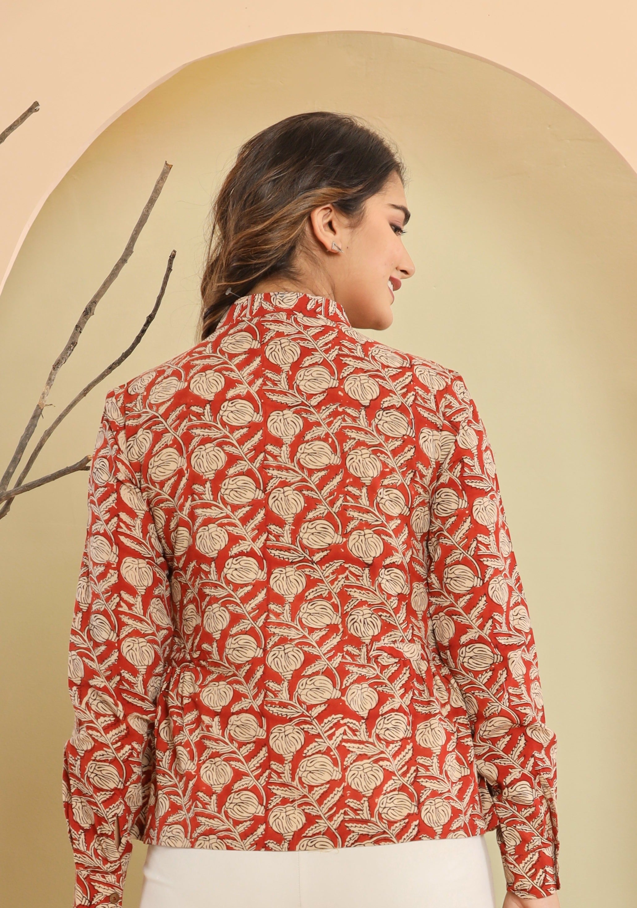 Bagru Red Jaal Womens Hand Block Printed Shirt Tops