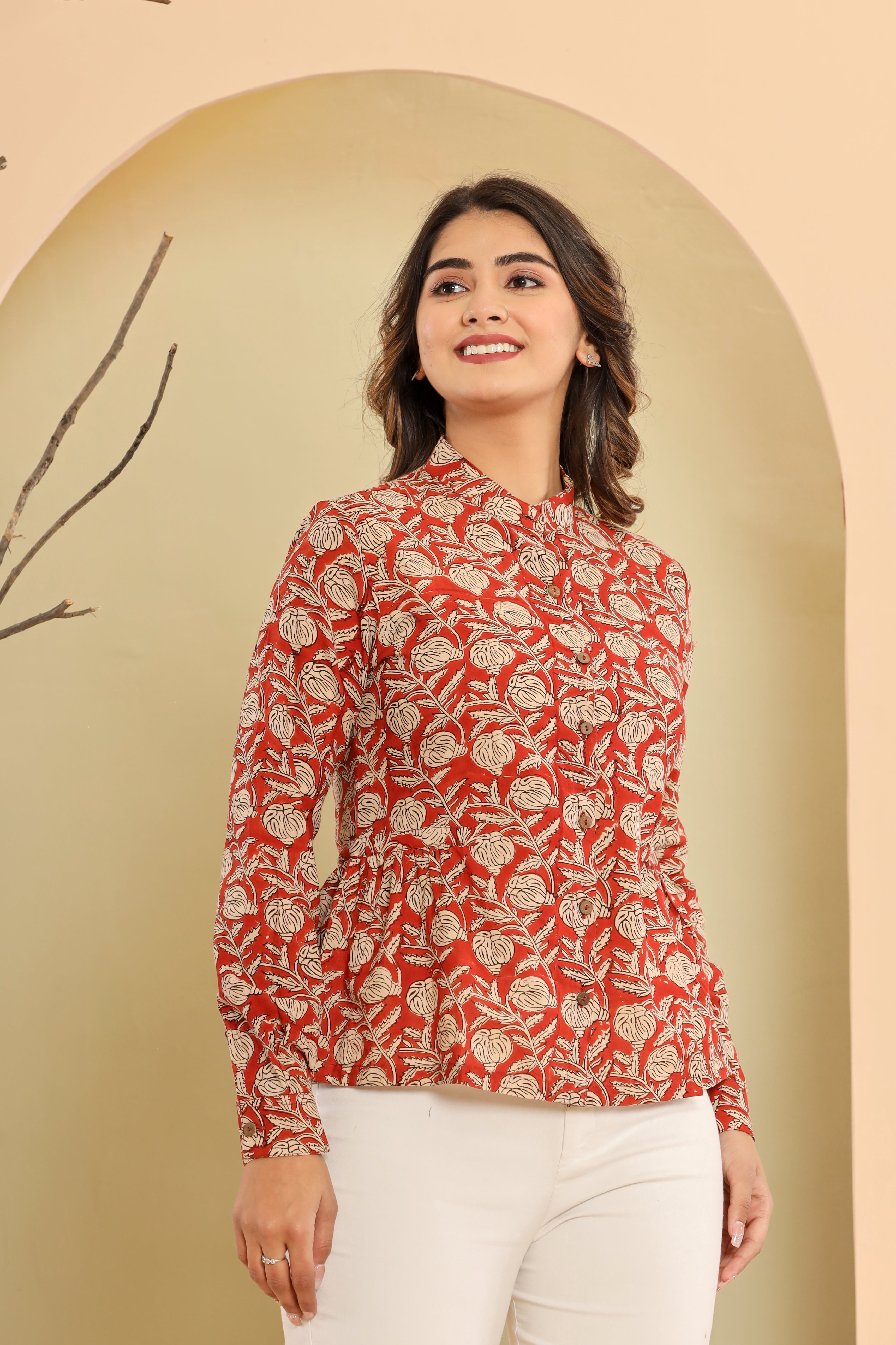 Bagru Red Jaal Womens Hand Block Printed Shirt Tops