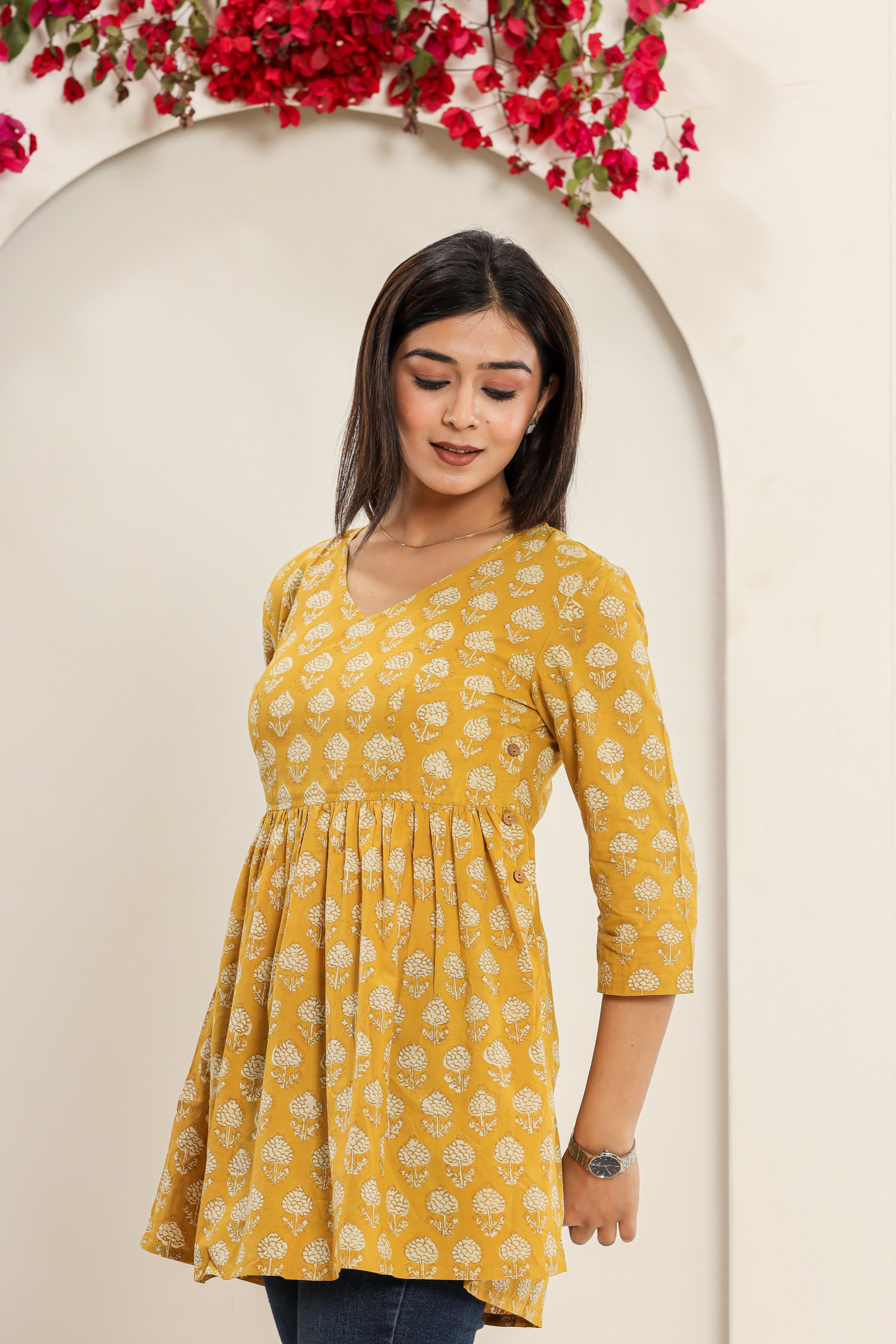 Yellow Pollen Flower Flared Womens Hand Block Printed Tops