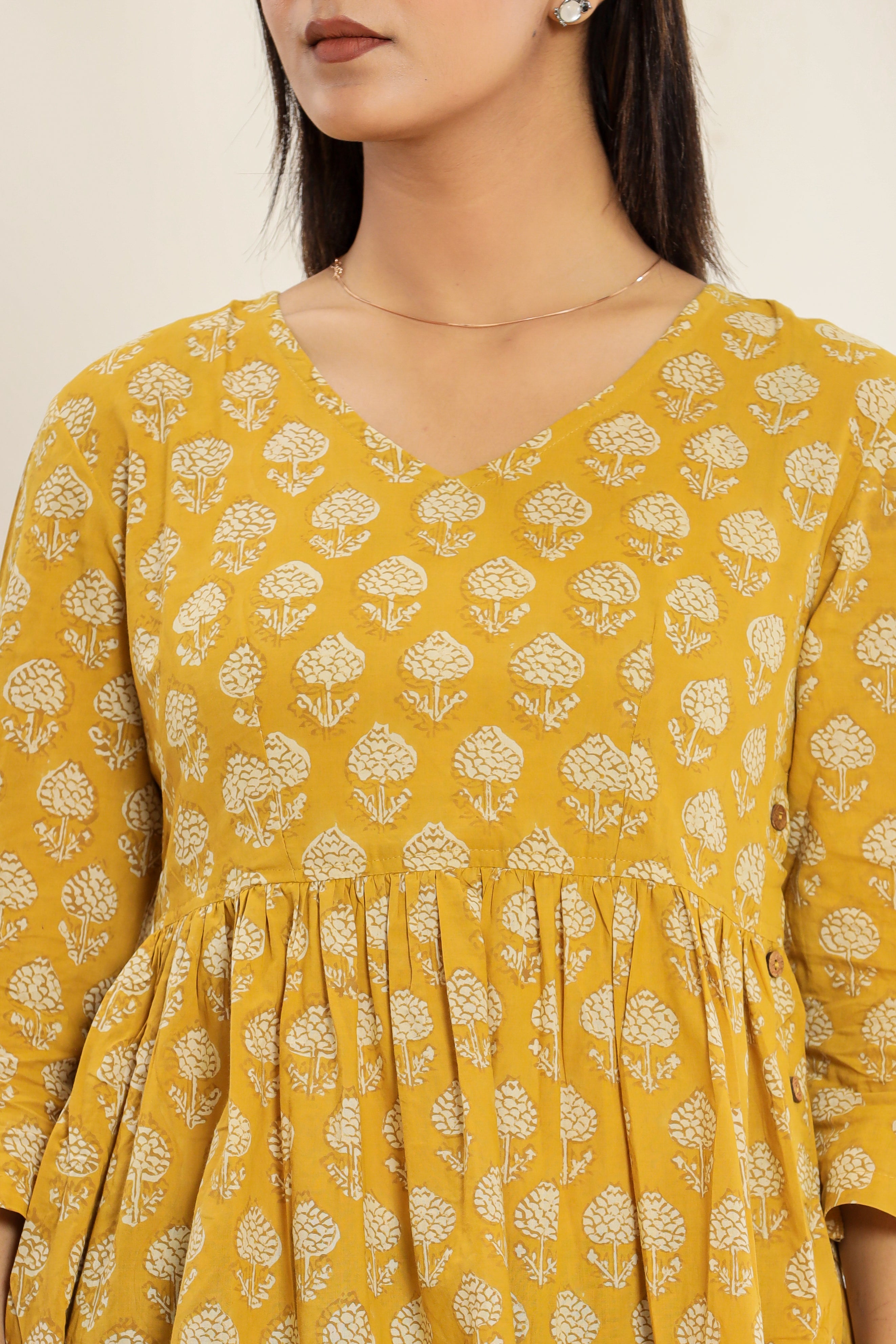 Yellow Pollen Flower Flared Womens Hand Block Printed Tops