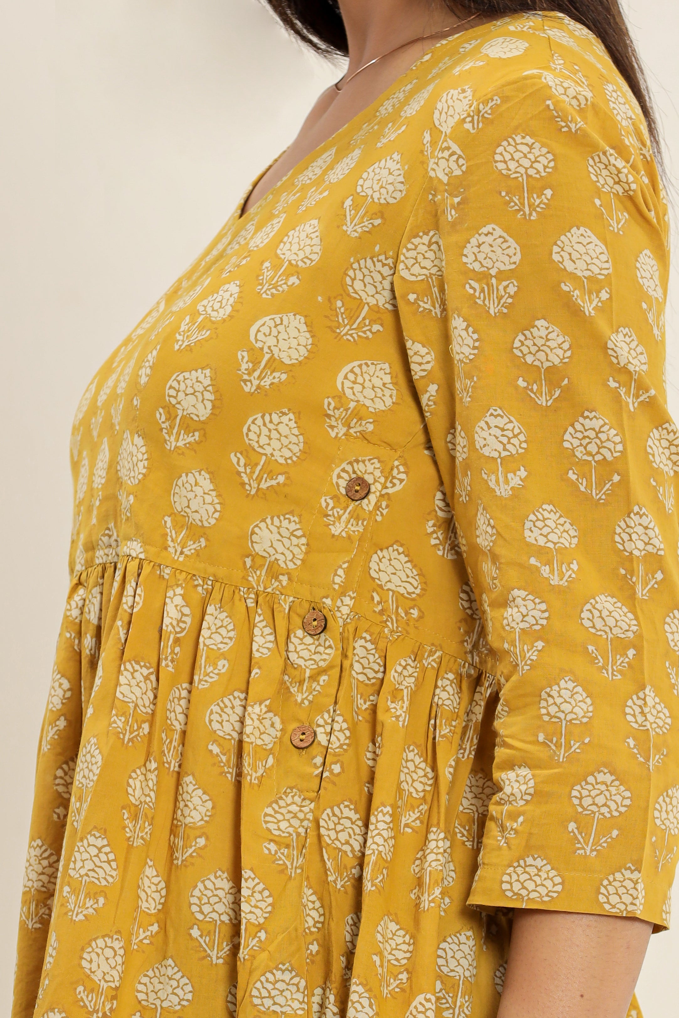 Yellow Pollen Flower Flared Womens Hand Block Printed Tops