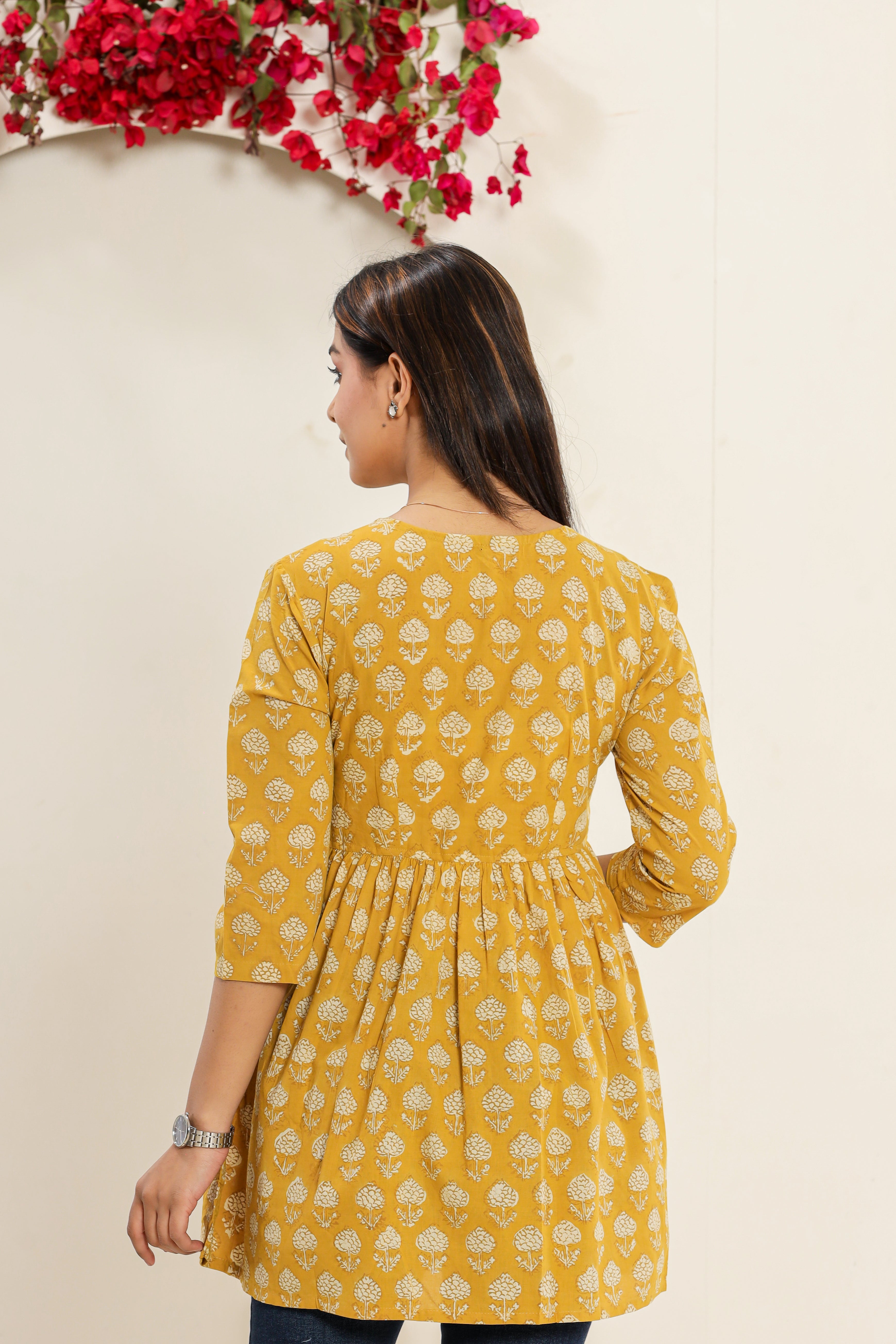 Yellow Pollen Flower Flared Womens Hand Block Printed Tops