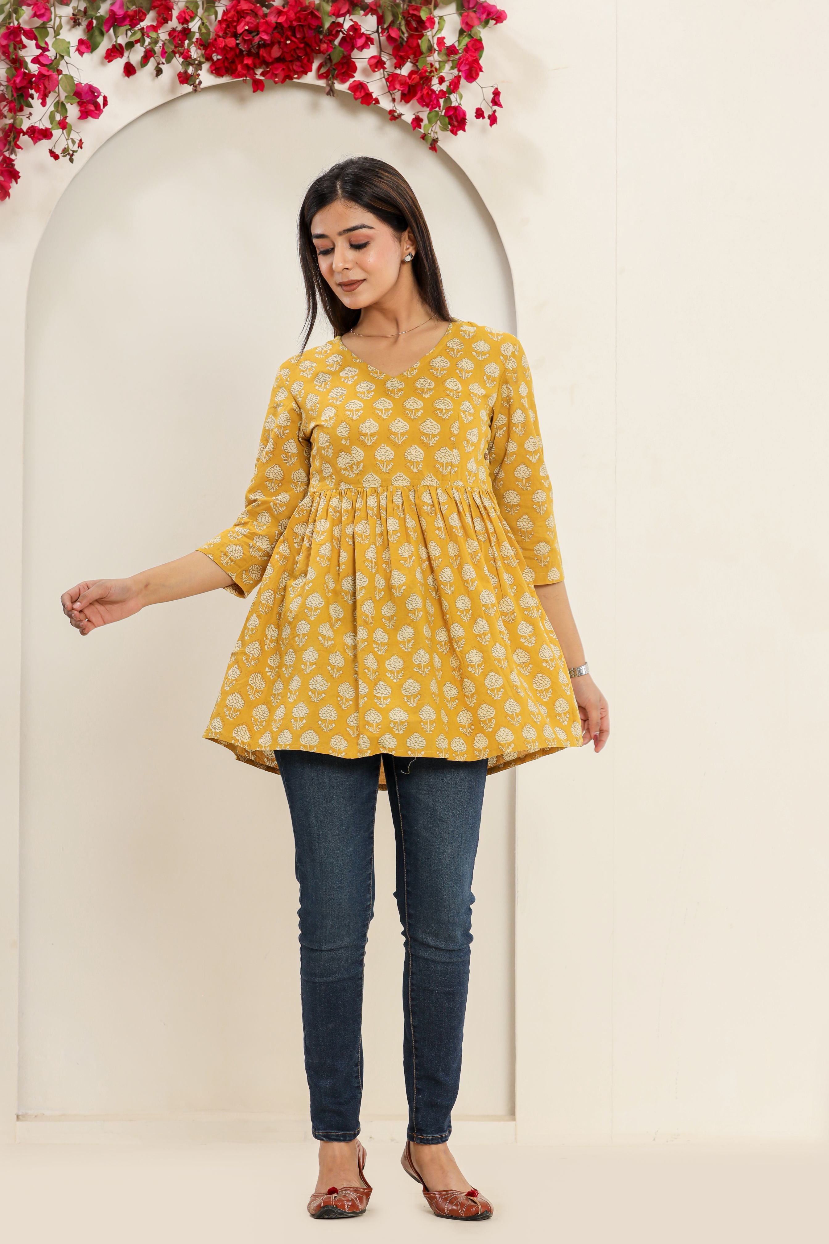 Yellow Pollen Flower Flared Womens Hand Block Printed Tops