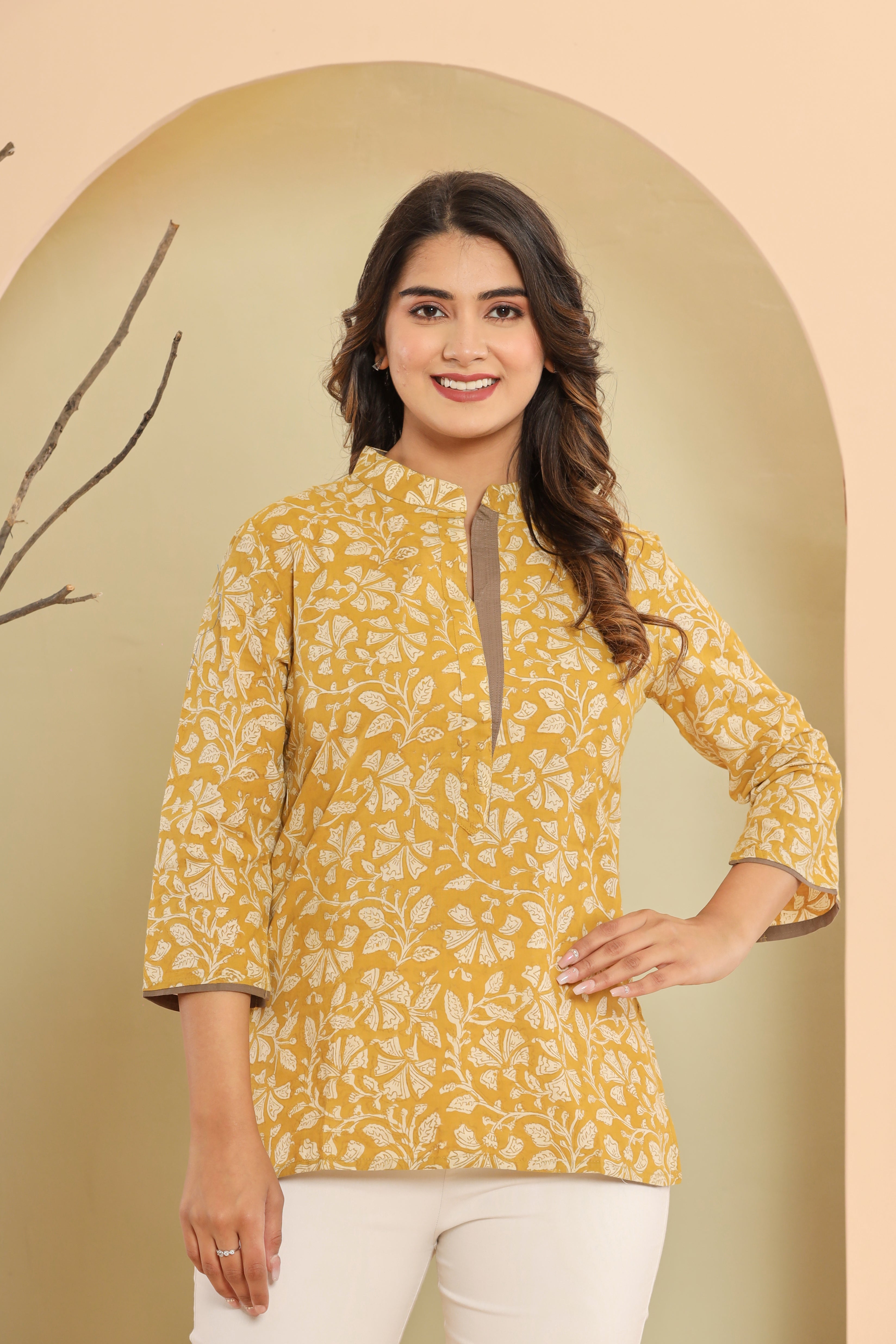 Bagru Yellow Floral Jaal Womens Hand Block Printed Tops