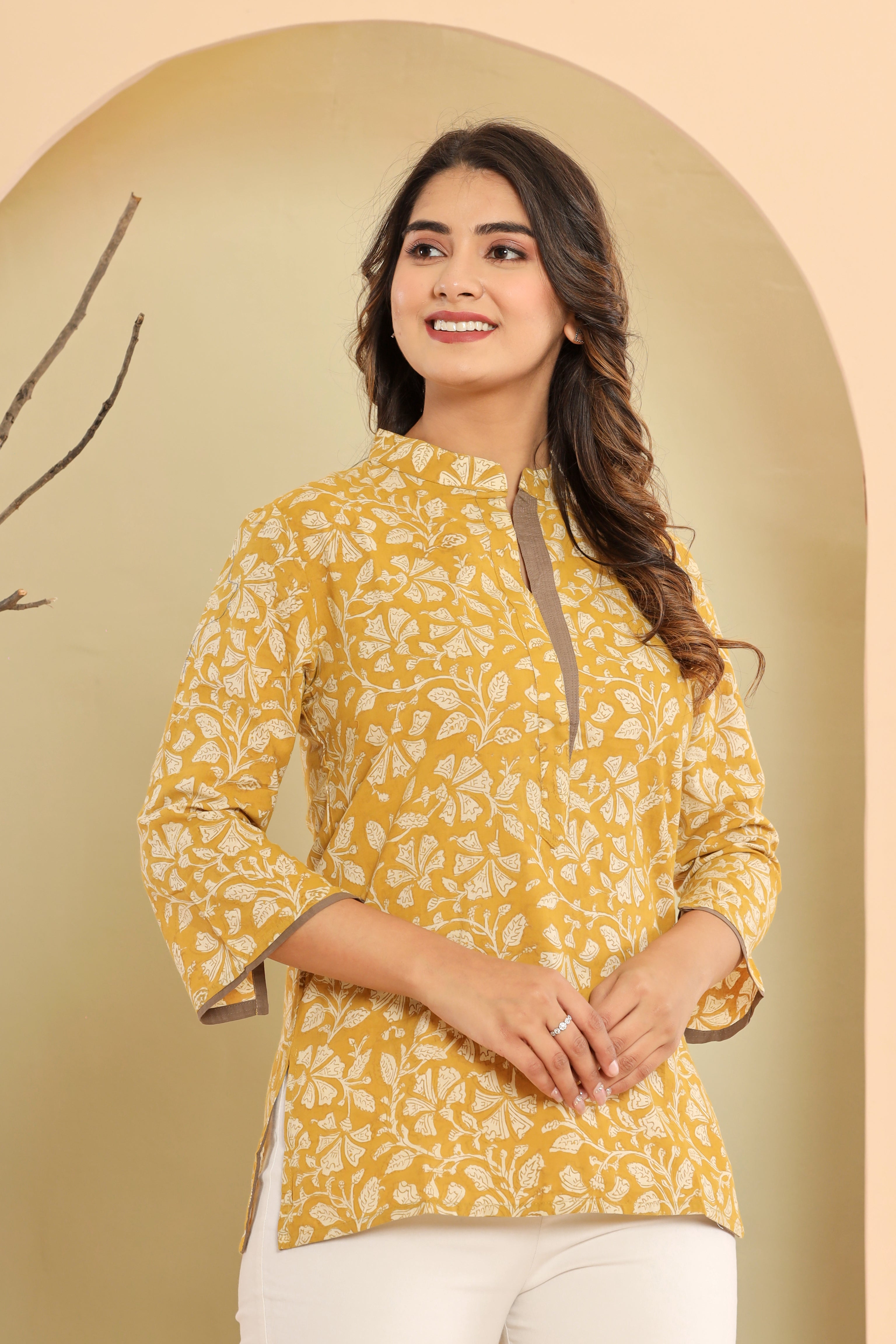 Bagru Yellow Floral Jaal Womens Hand Block Printed Tops