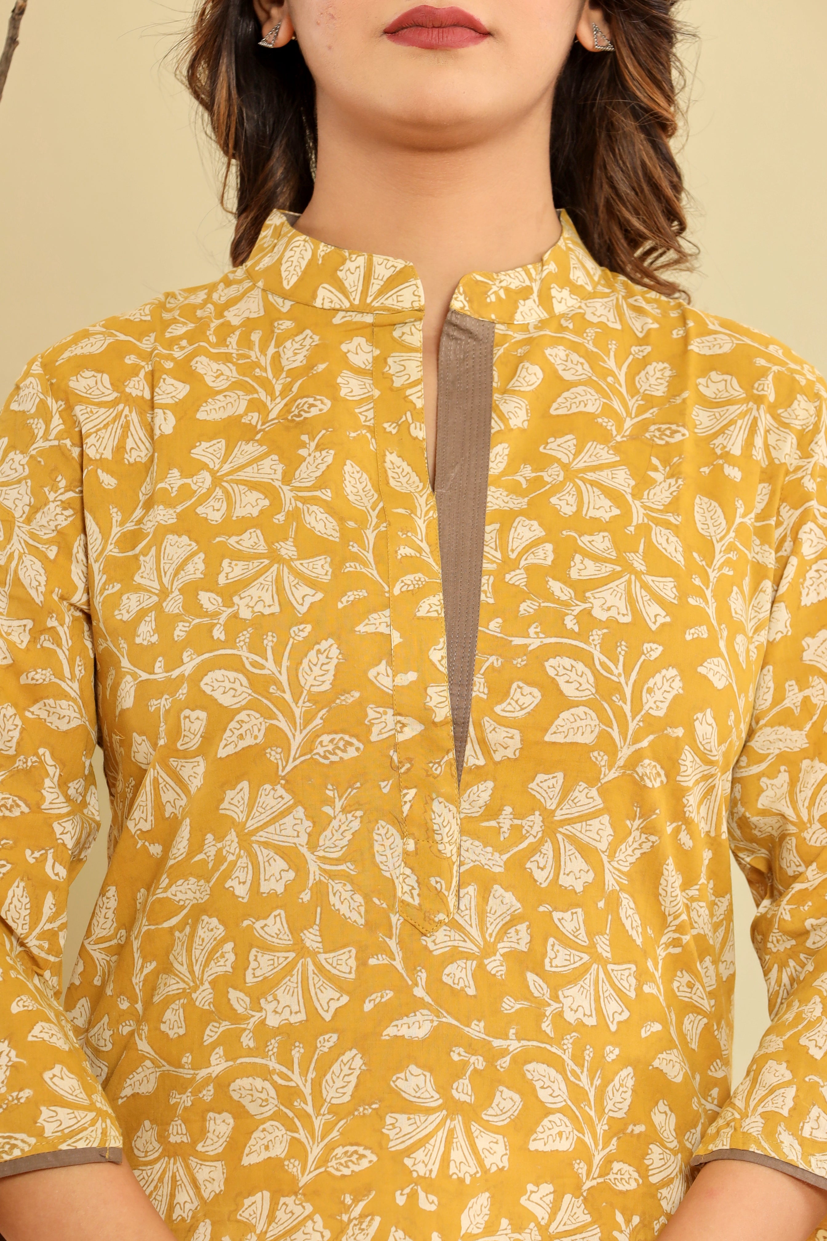 Bagru Yellow Floral Jaal Womens Hand Block Printed Tops