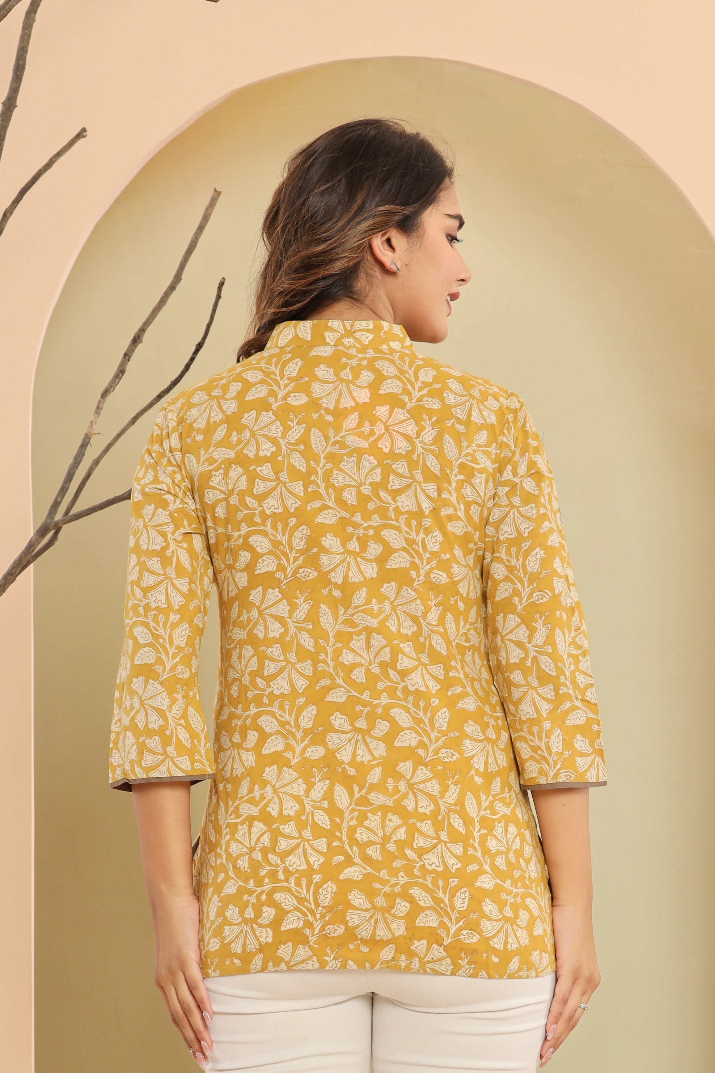 Bagru Yellow Floral Jaal Womens Hand Block Printed Tops