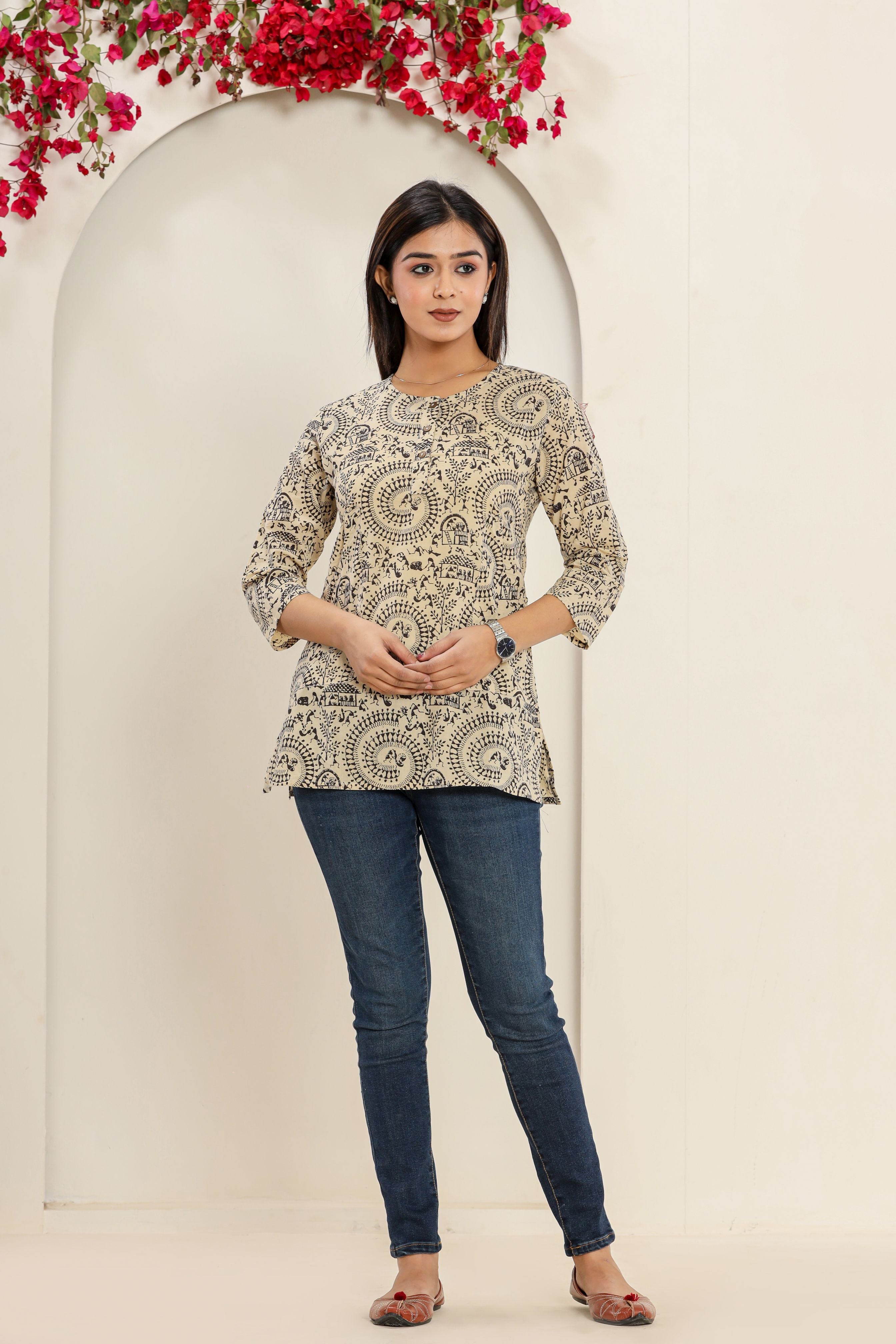 Black & White Warli Lounge Womens Hand Block Printed Tops