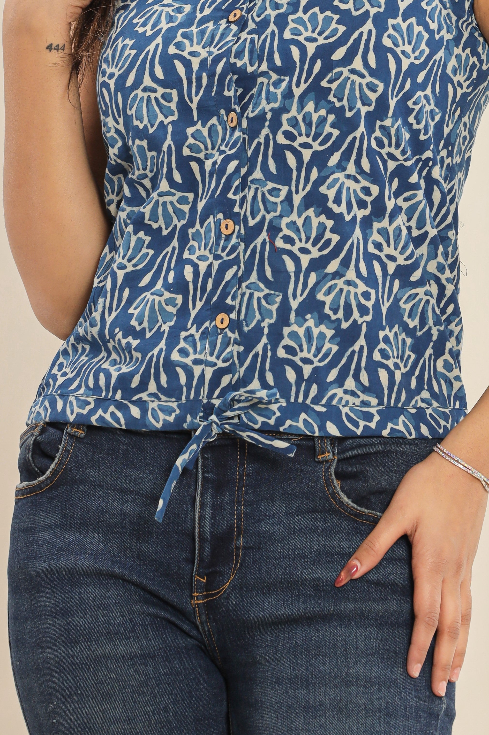 Indigo Floral Sleeveless Womens Hand Block Printed Tops