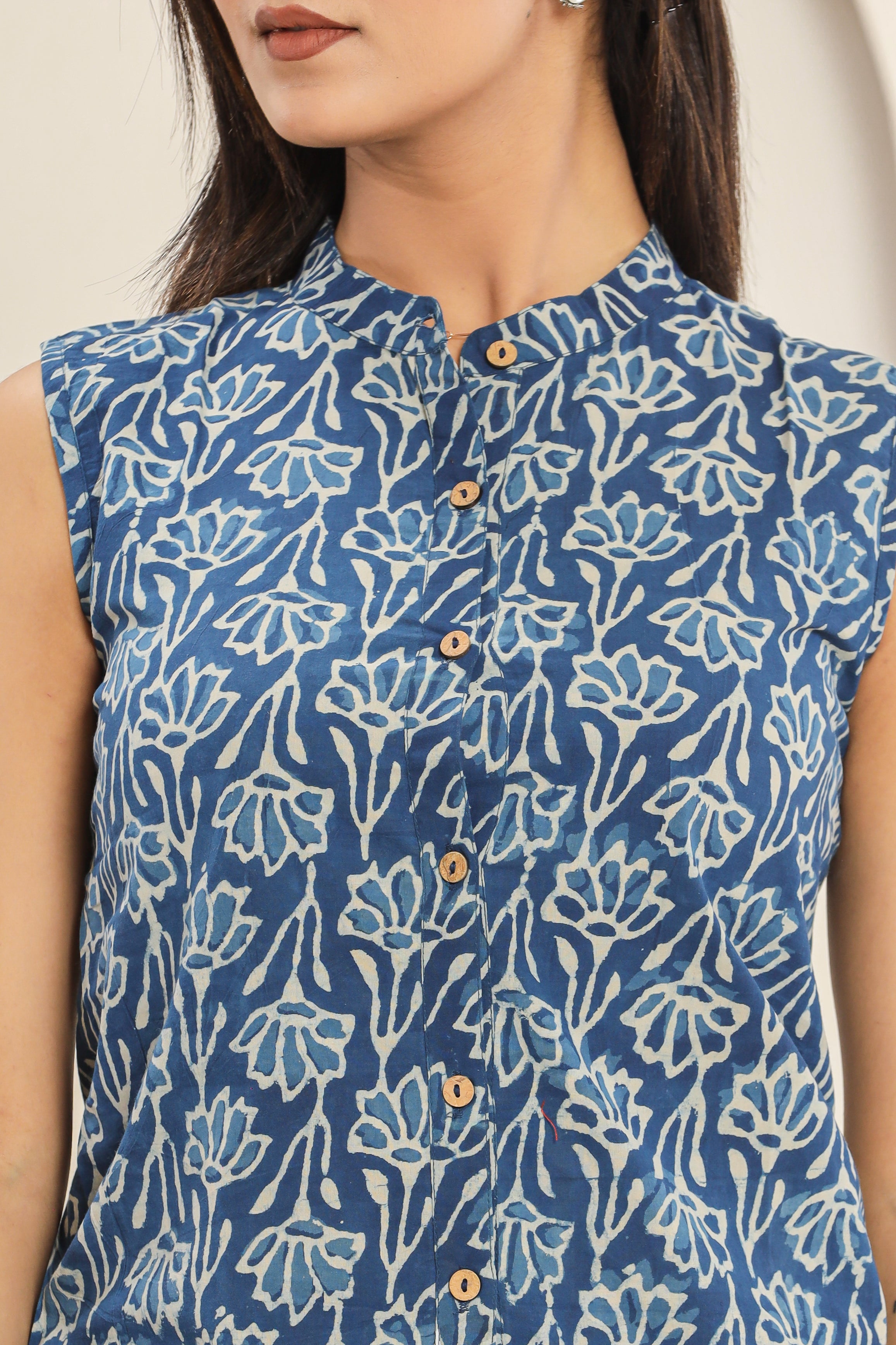 Indigo Floral Sleeveless Womens Hand Block Printed Tops