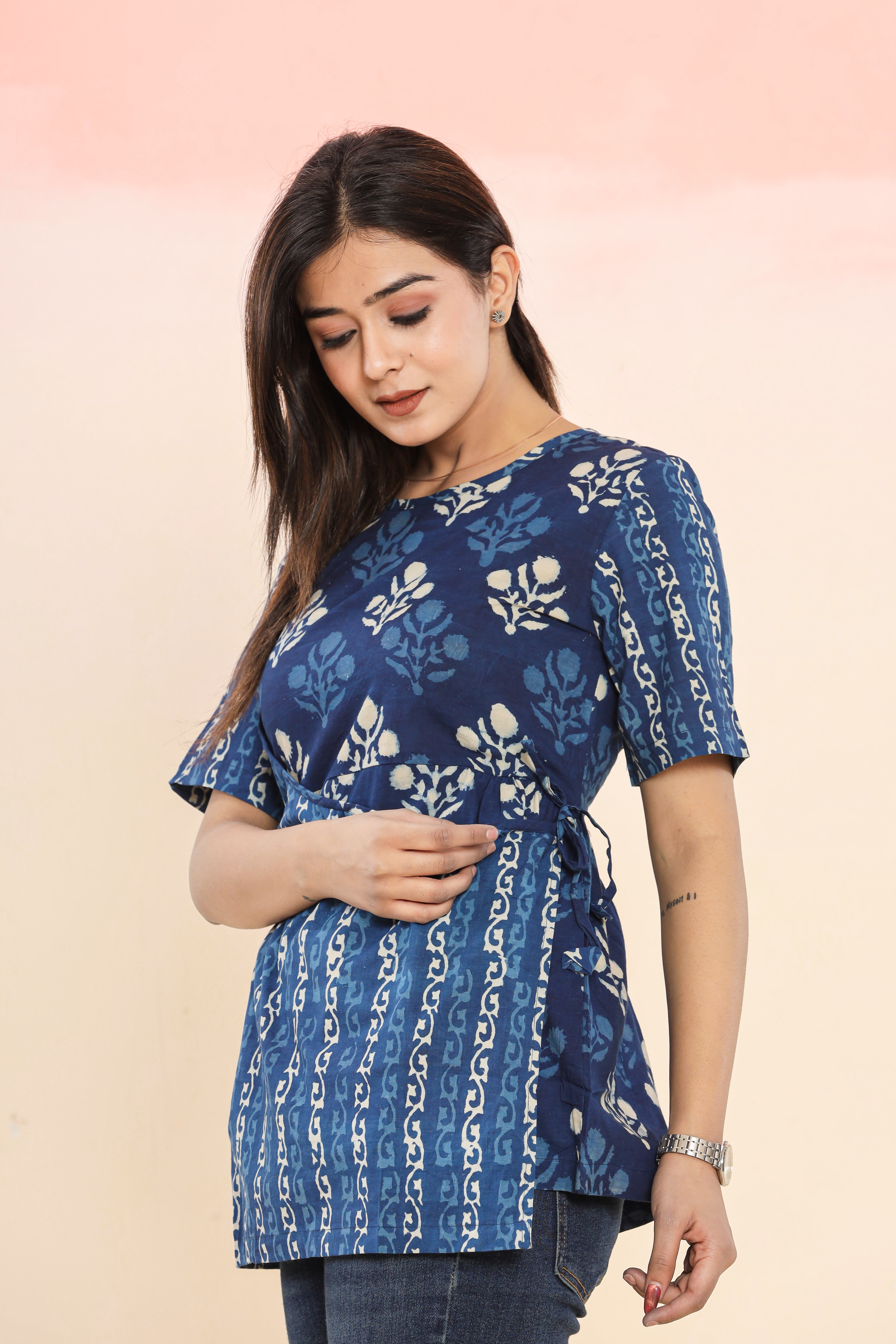 Indigo Mughal Phool Angrakha Womens Hand Block Printed Tops