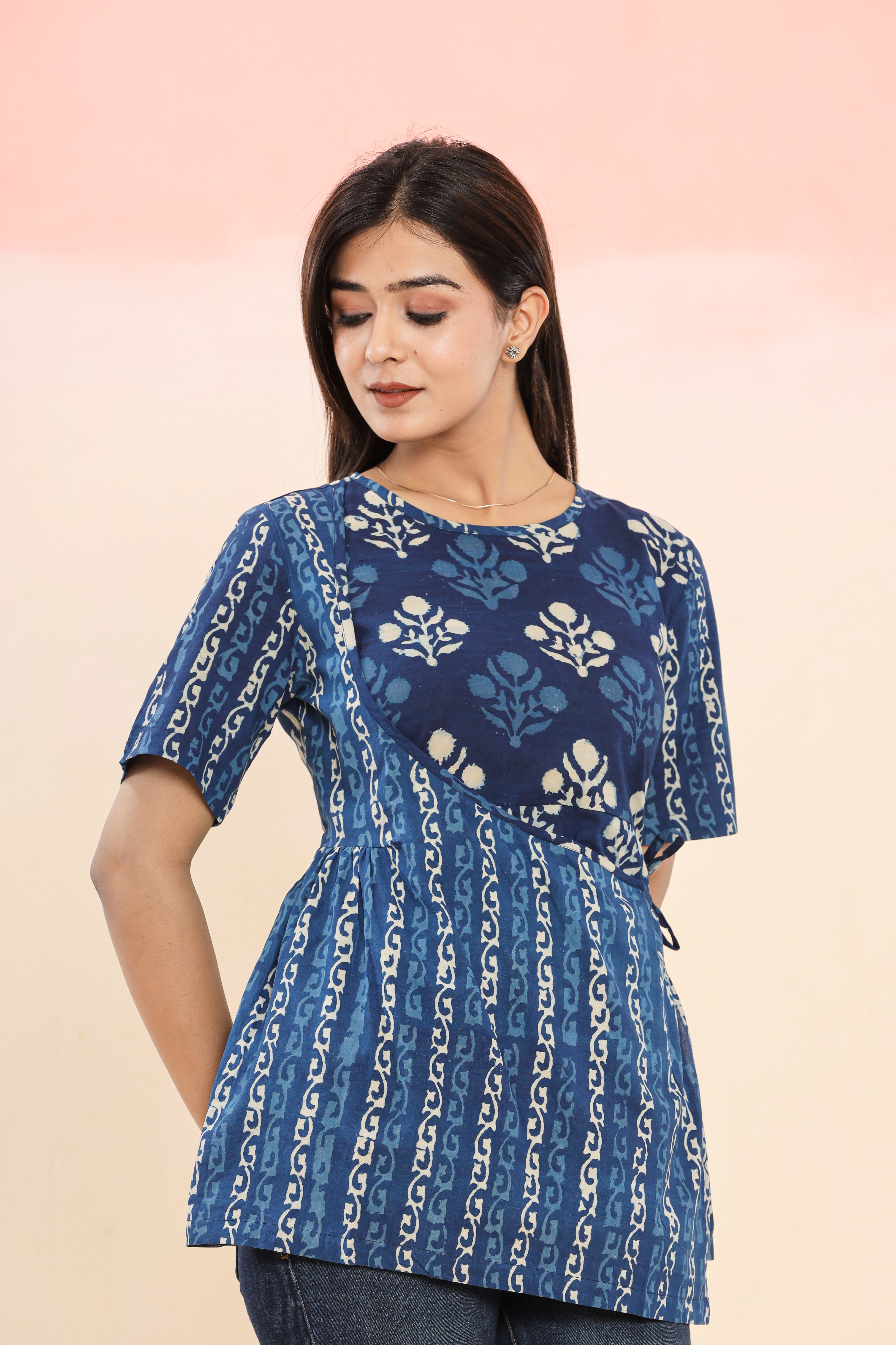 Indigo Mughal Phool Angrakha Womens Hand Block Printed Tops