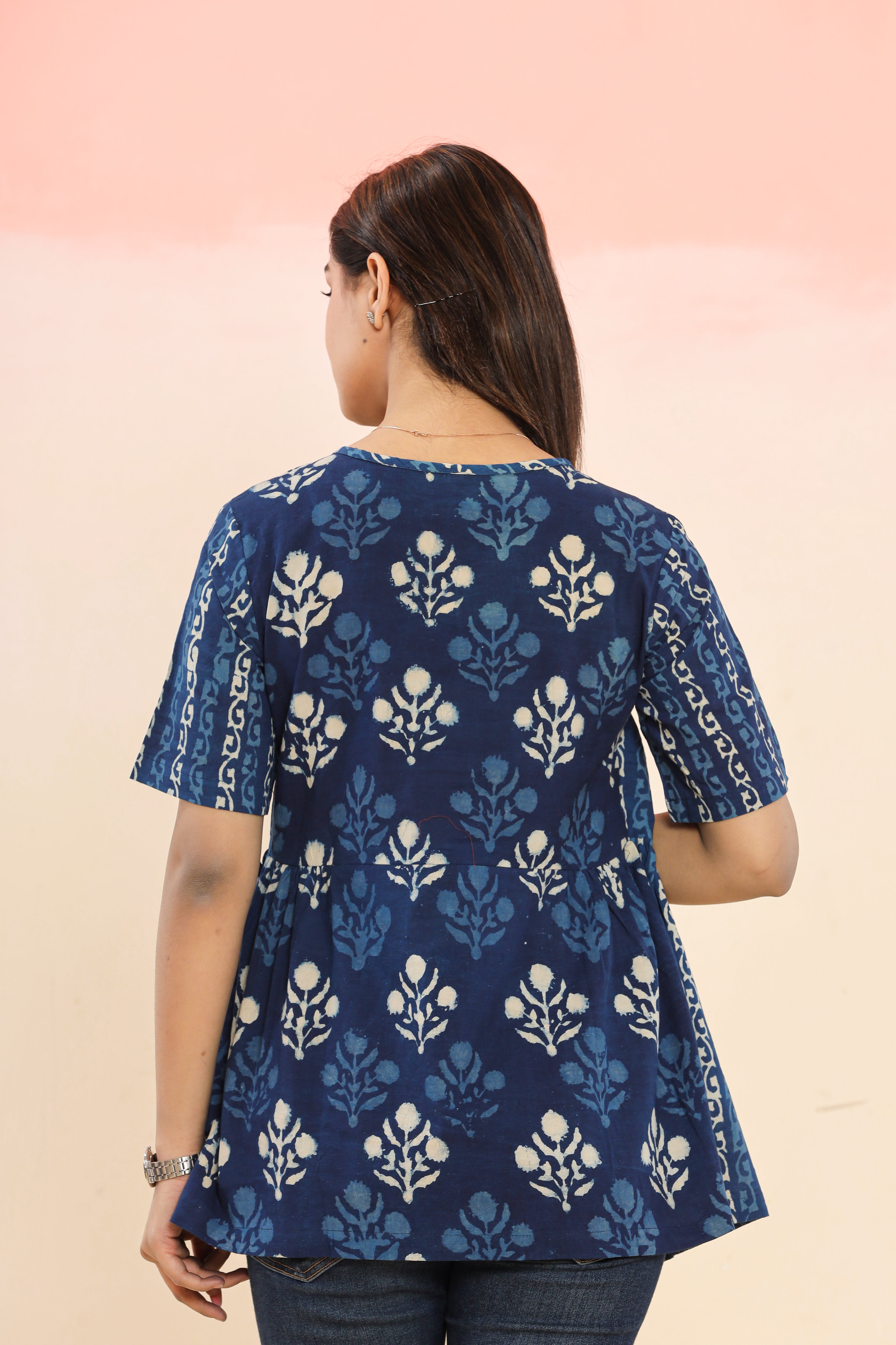 Indigo Mughal Phool Angrakha Womens Hand Block Printed Tops