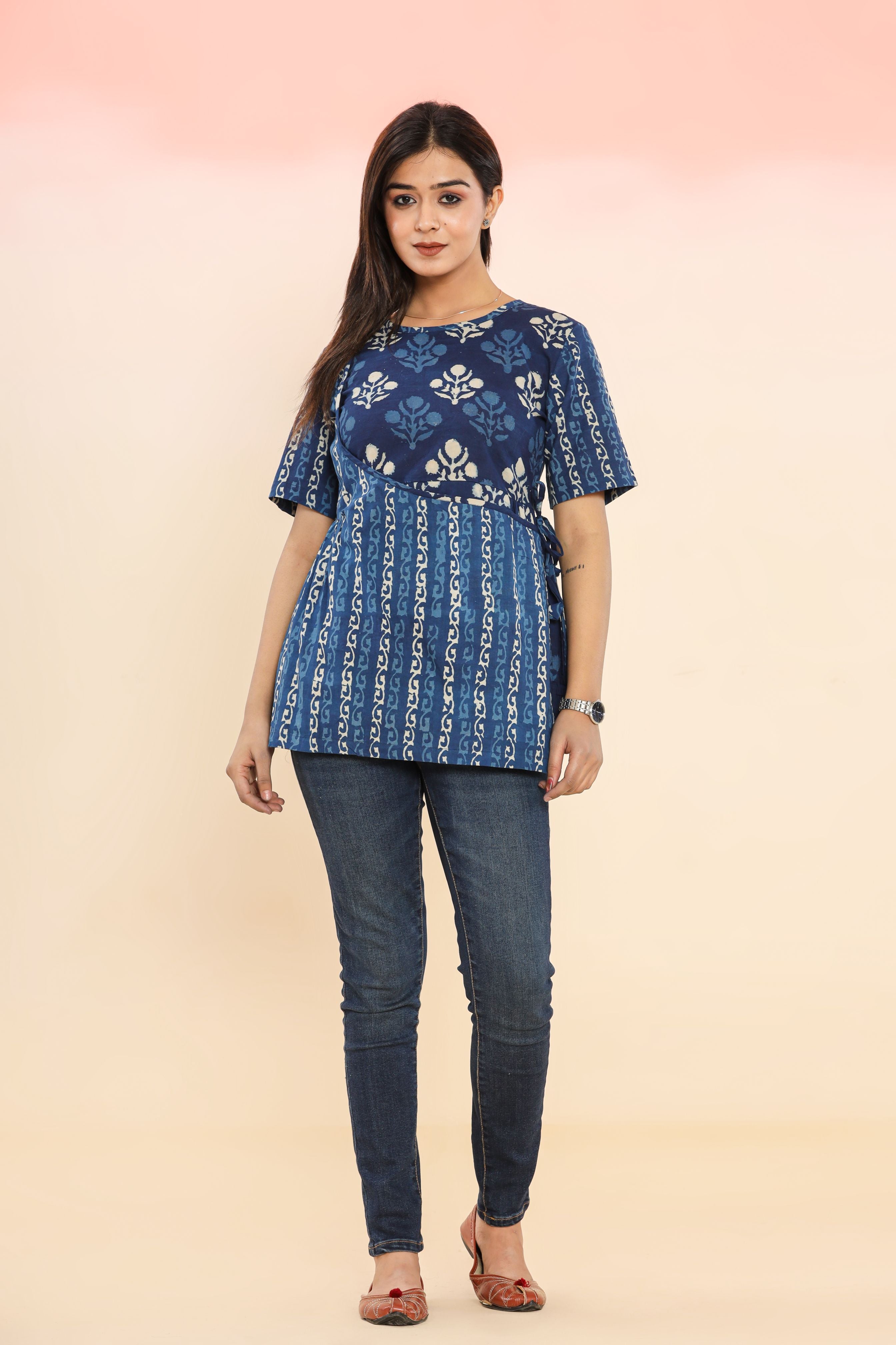 Indigo Mughal Phool Angrakha Womens Hand Block Printed Tops