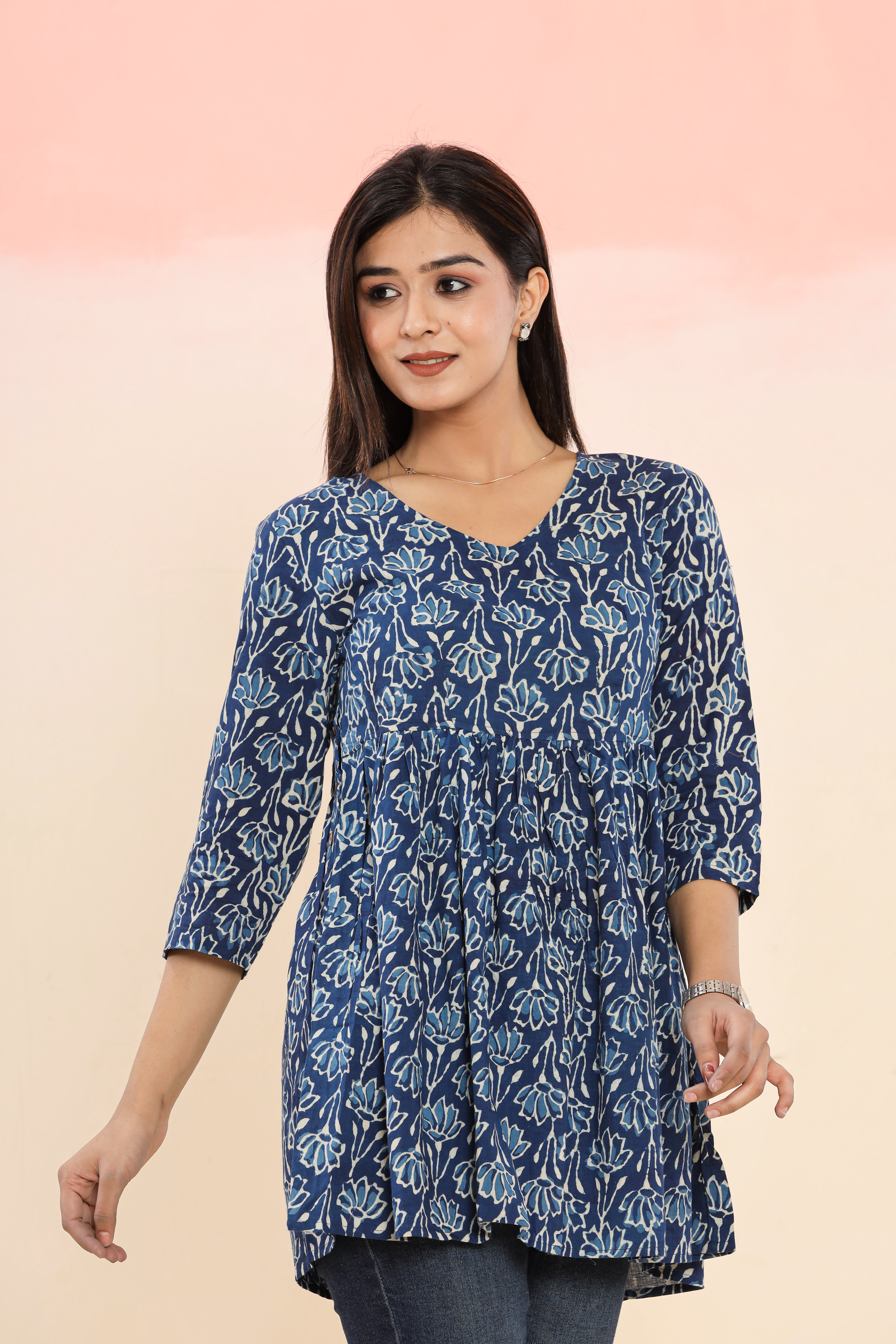 Indigo Flower Climber Flared Womens Hand Block Printed Tops