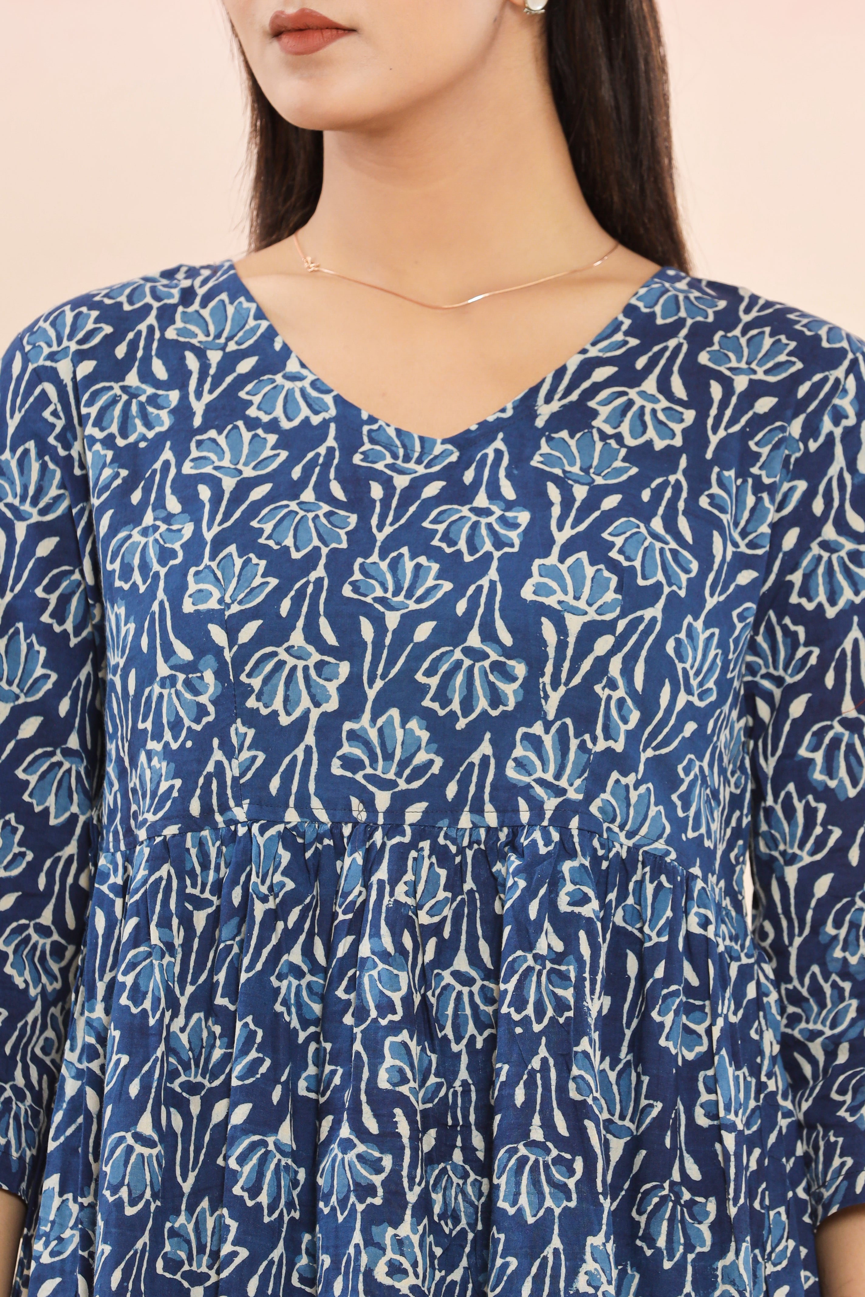 Indigo Flower Climber Flared Womens Hand Block Printed Tops