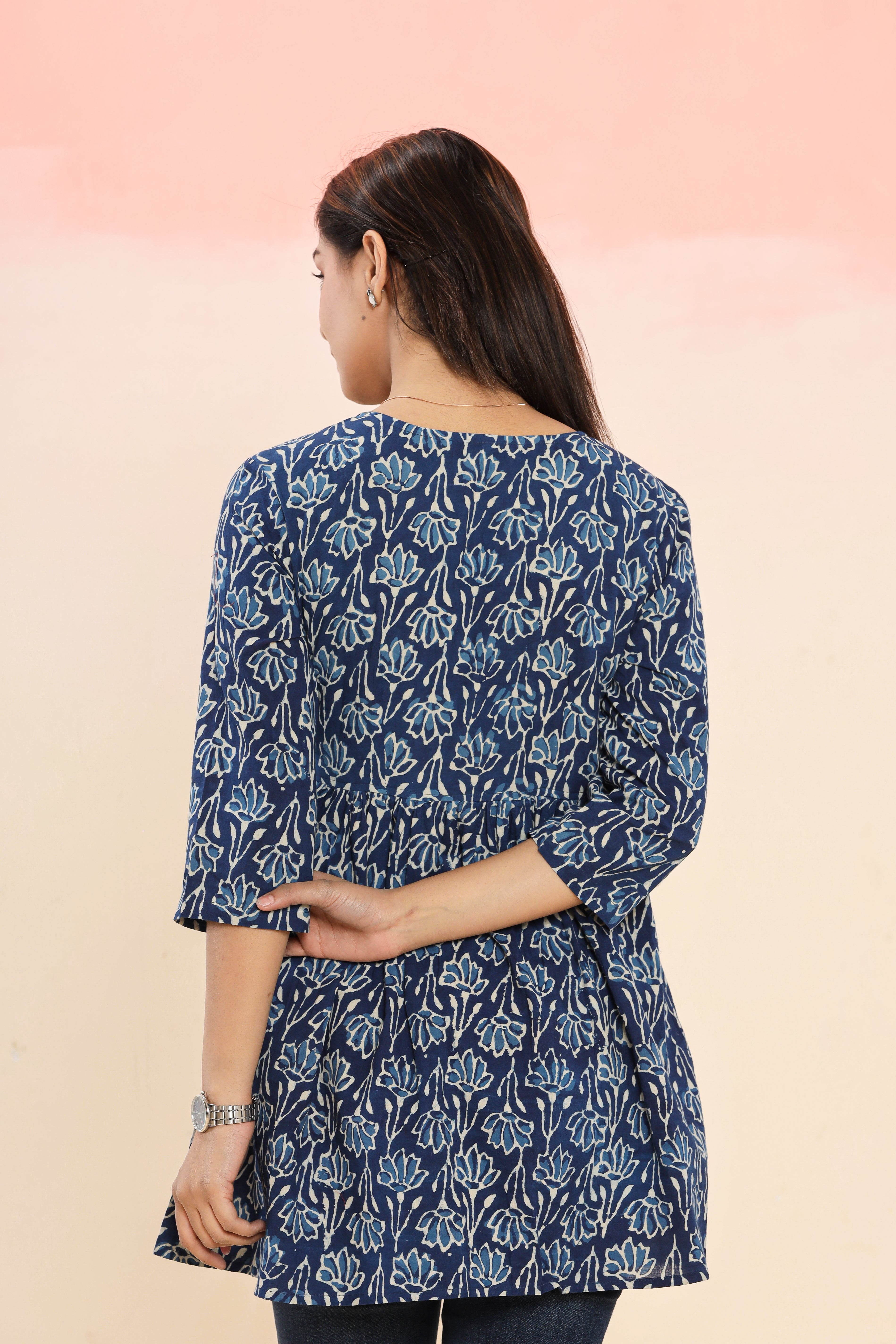 Indigo Flower Climber Flared Womens Hand Block Printed Tops