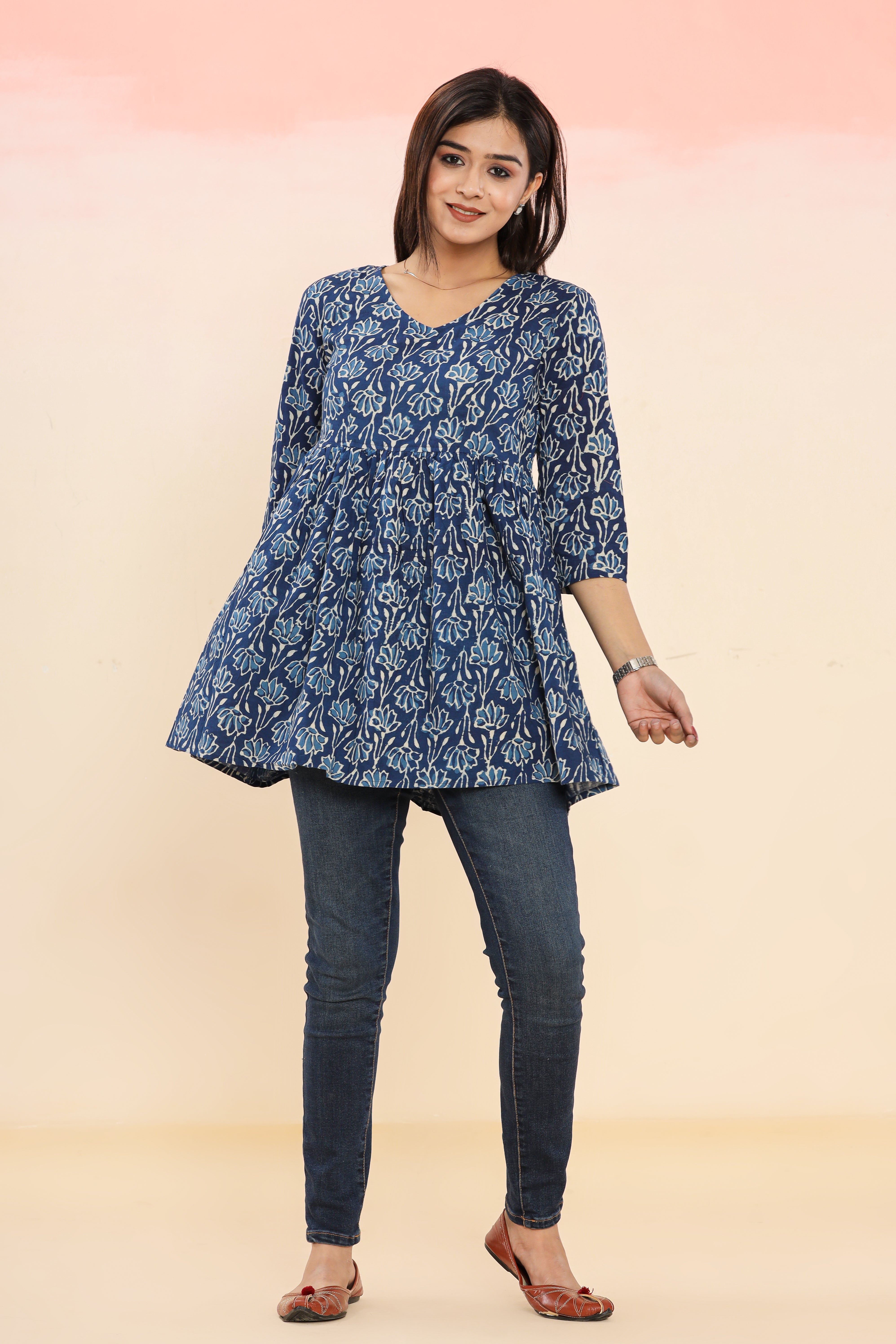 Indigo Flower Climber Flared Womens Hand Block Printed Tops