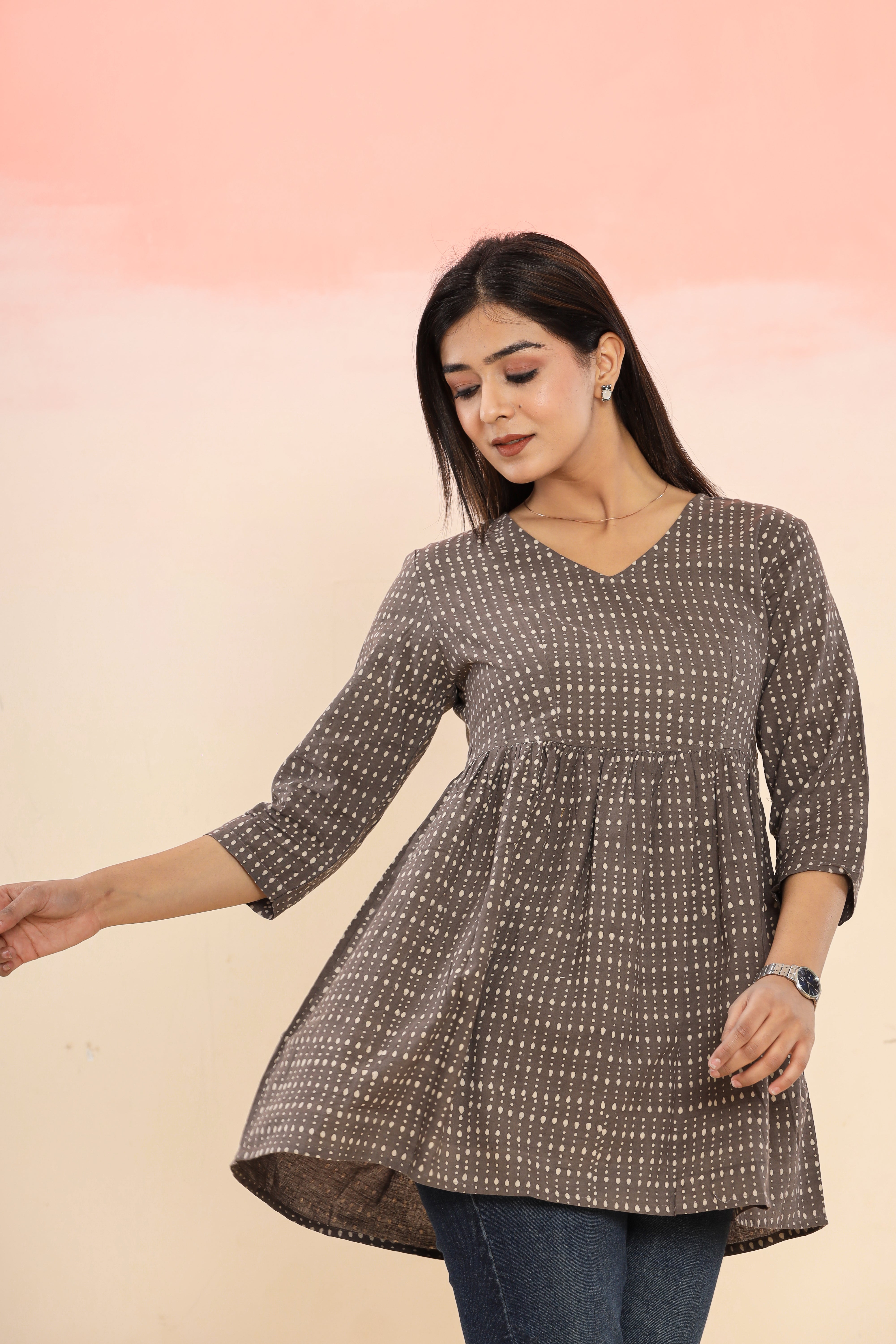 Kashish Grey Boond Drops Flared Womens Hand Block Printed Tops