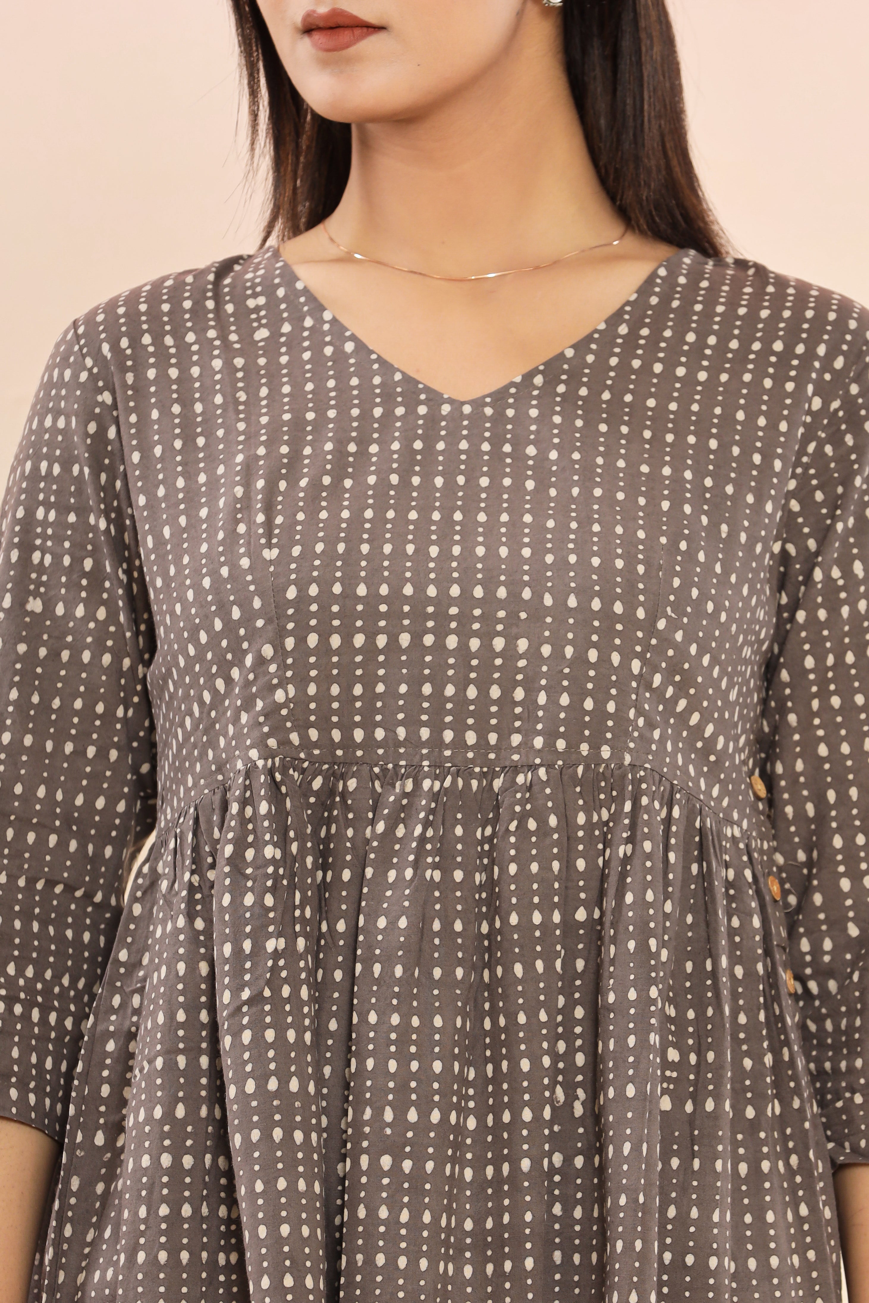 Kashish Grey Boond Drops Flared Womens Hand Block Printed Tops