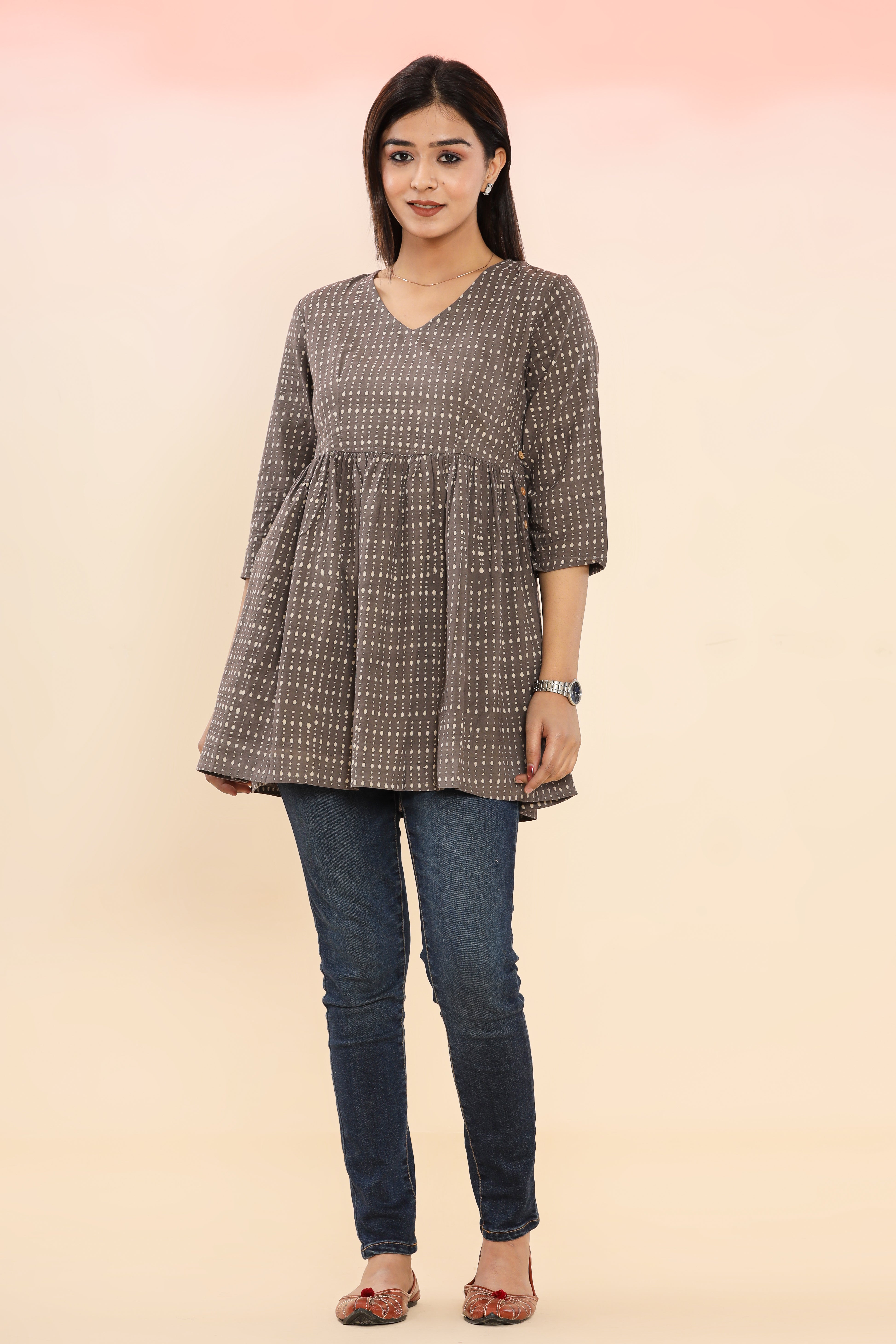 Kashish Grey Boond Drops Flared Womens Hand Block Printed Tops