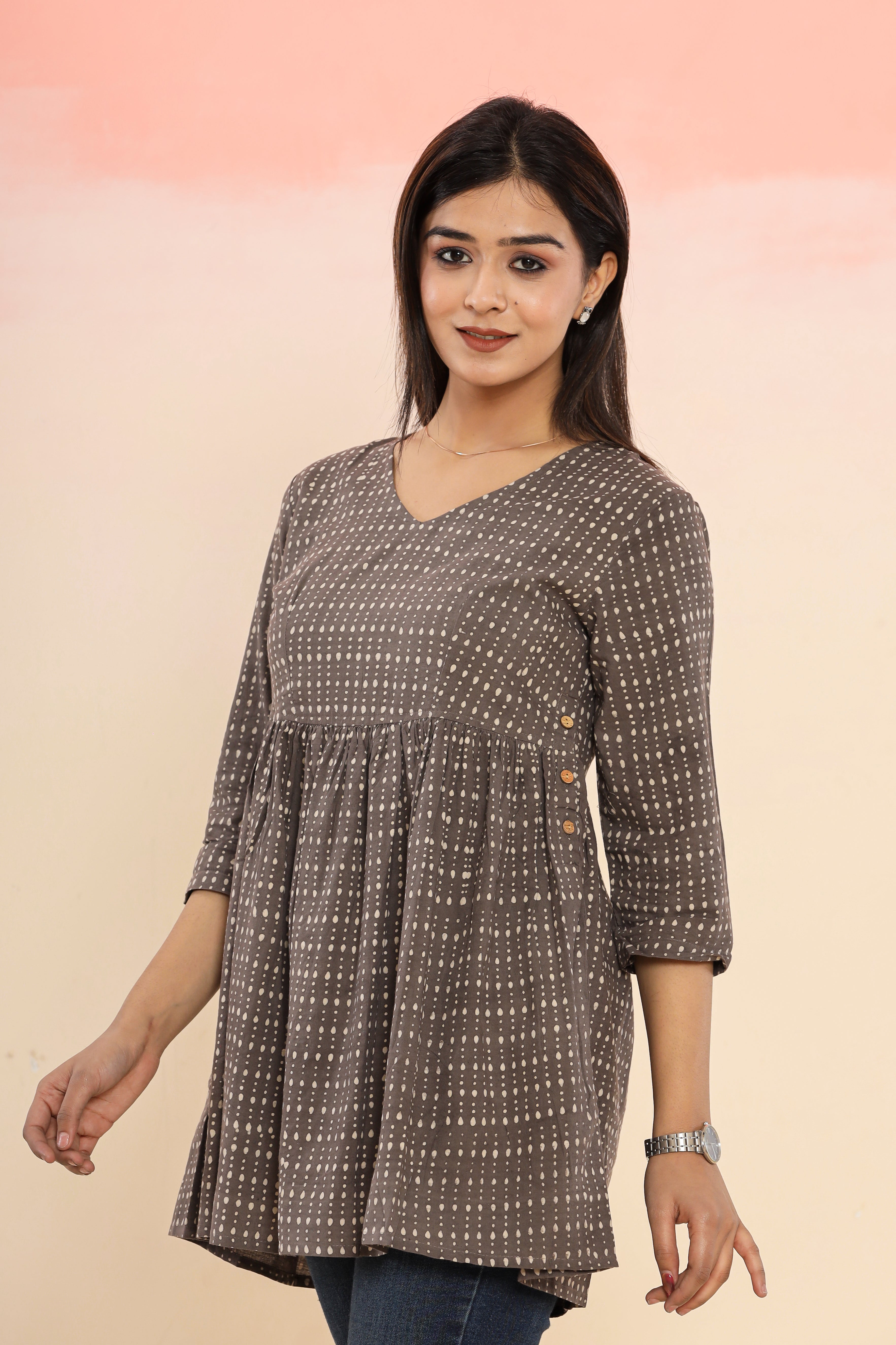 Kashish Grey Boond Drops Flared Womens Hand Block Printed Tops