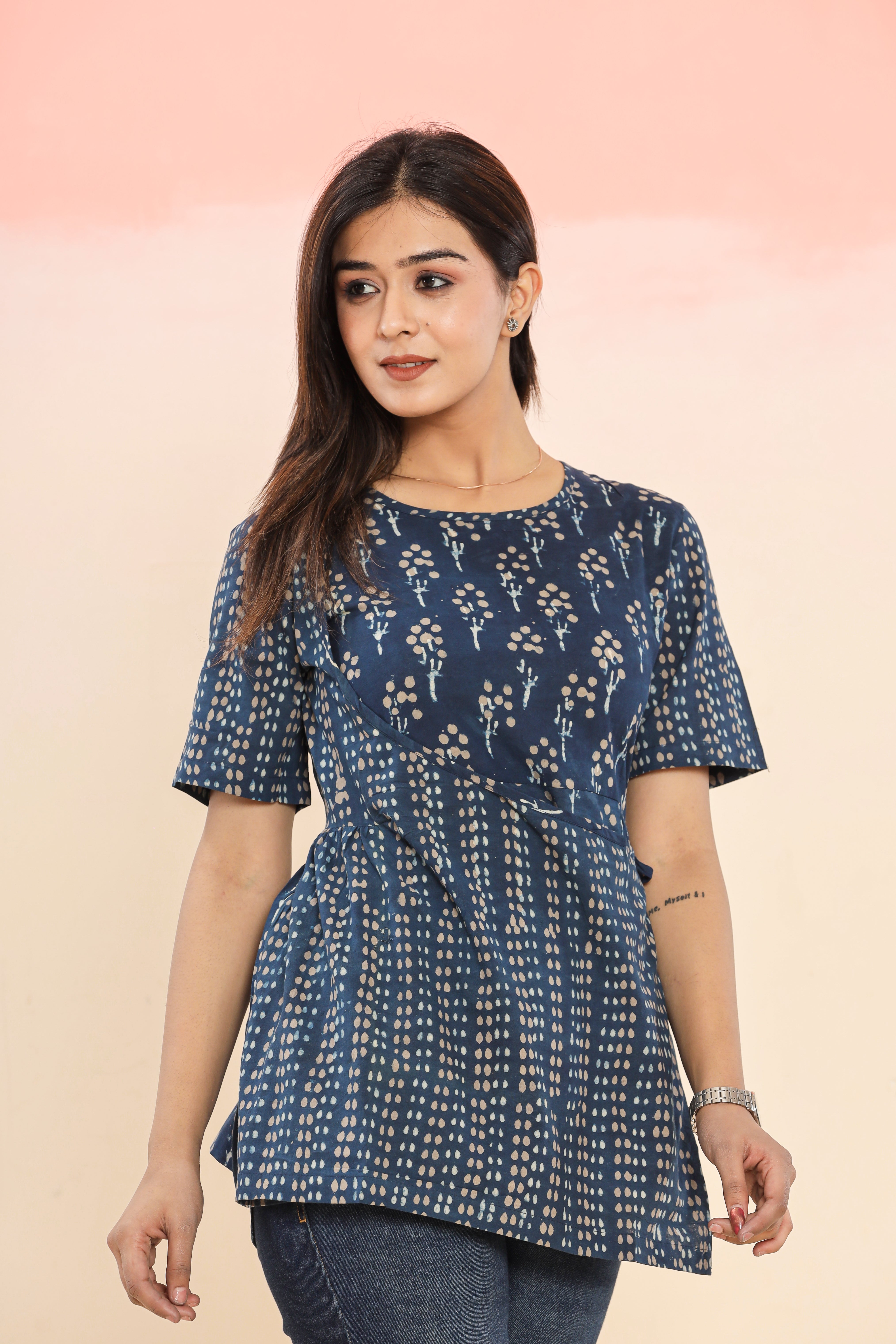 Indigo Up Balloon Tree Angrakha Womens Hand Block Printed Tops