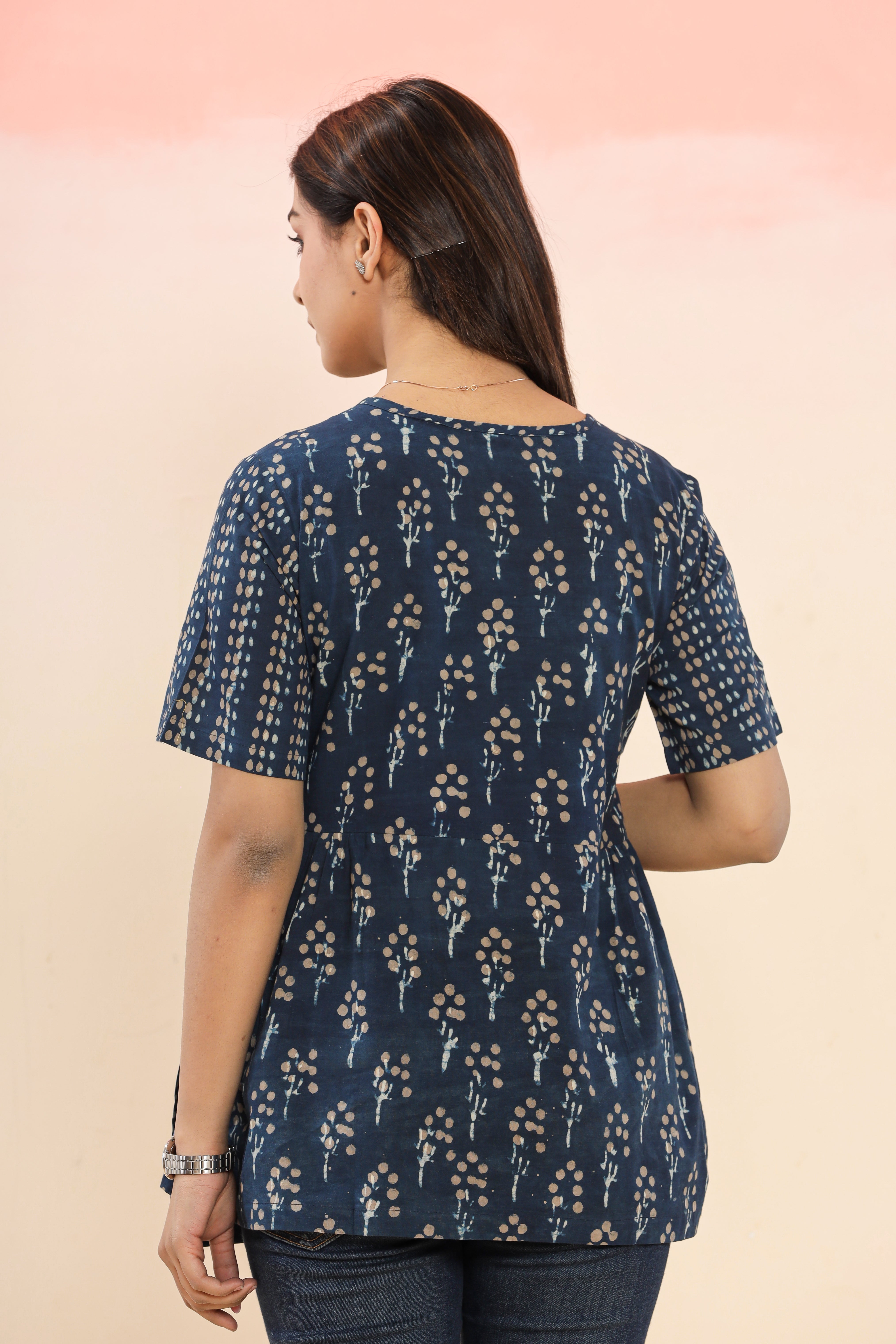 Indigo Up Balloon Tree Angrakha Womens Hand Block Printed Tops