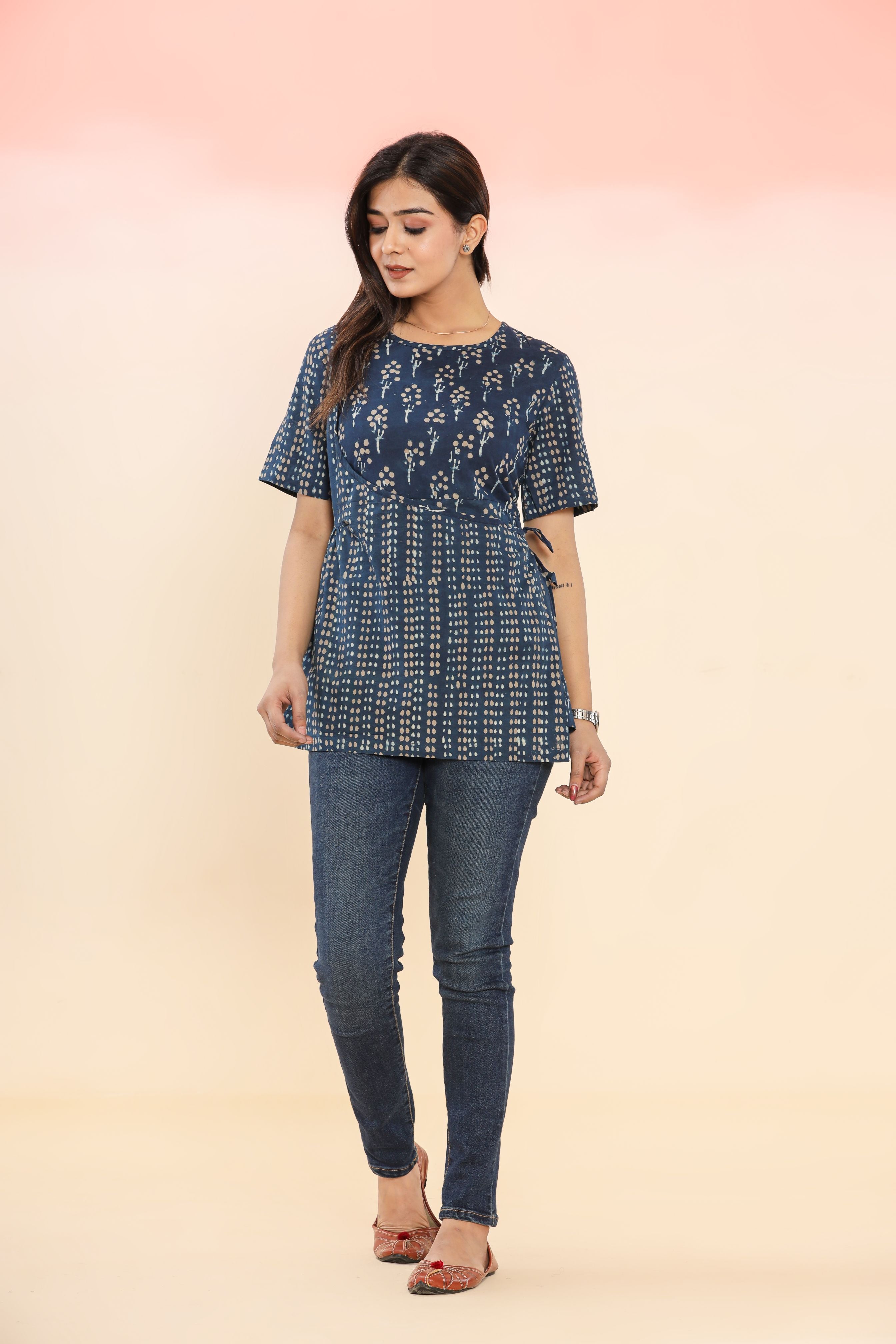 Indigo Up Balloon Tree Angrakha Womens Hand Block Printed Tops