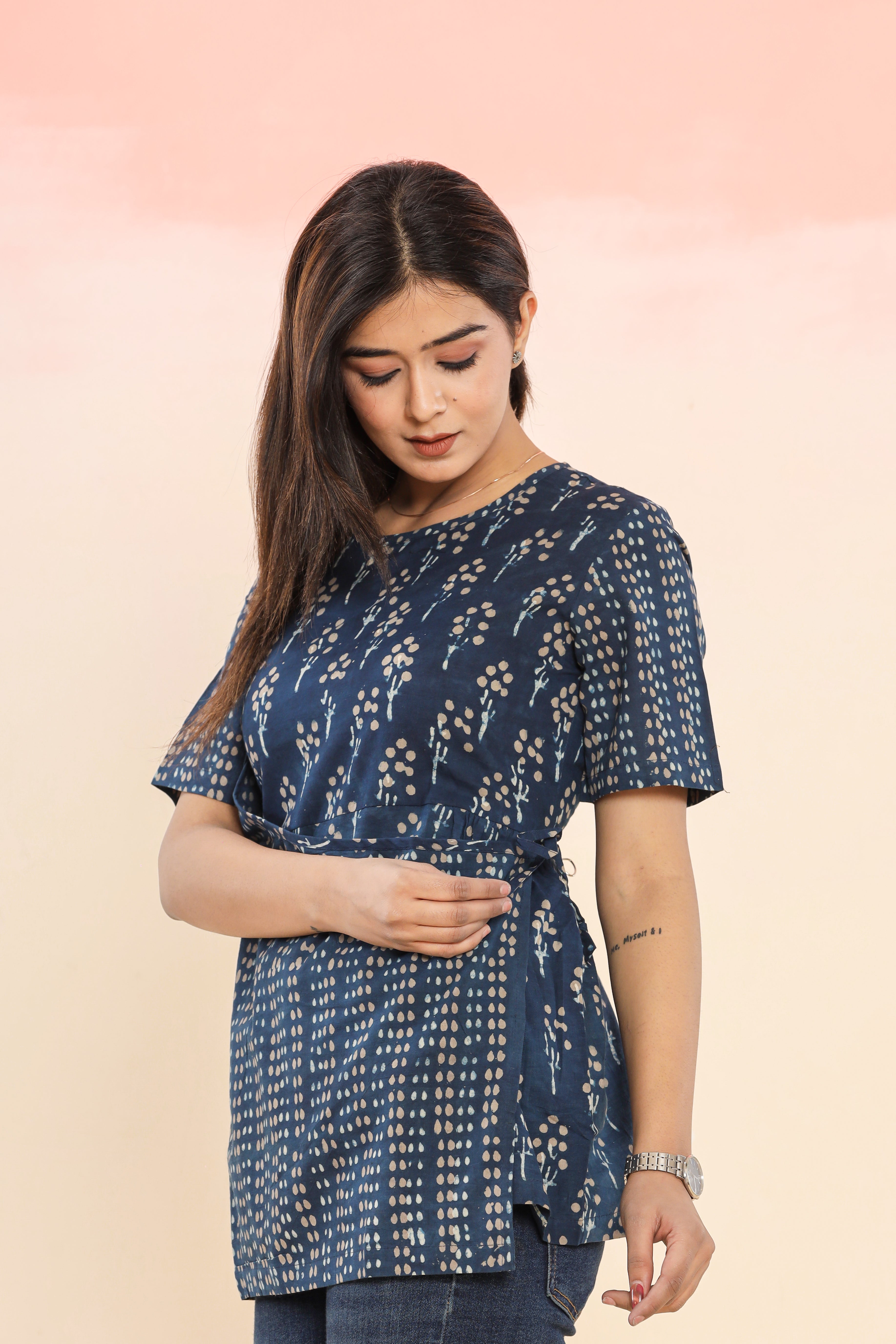 Indigo Up Balloon Tree Angrakha Womens Hand Block Printed Tops