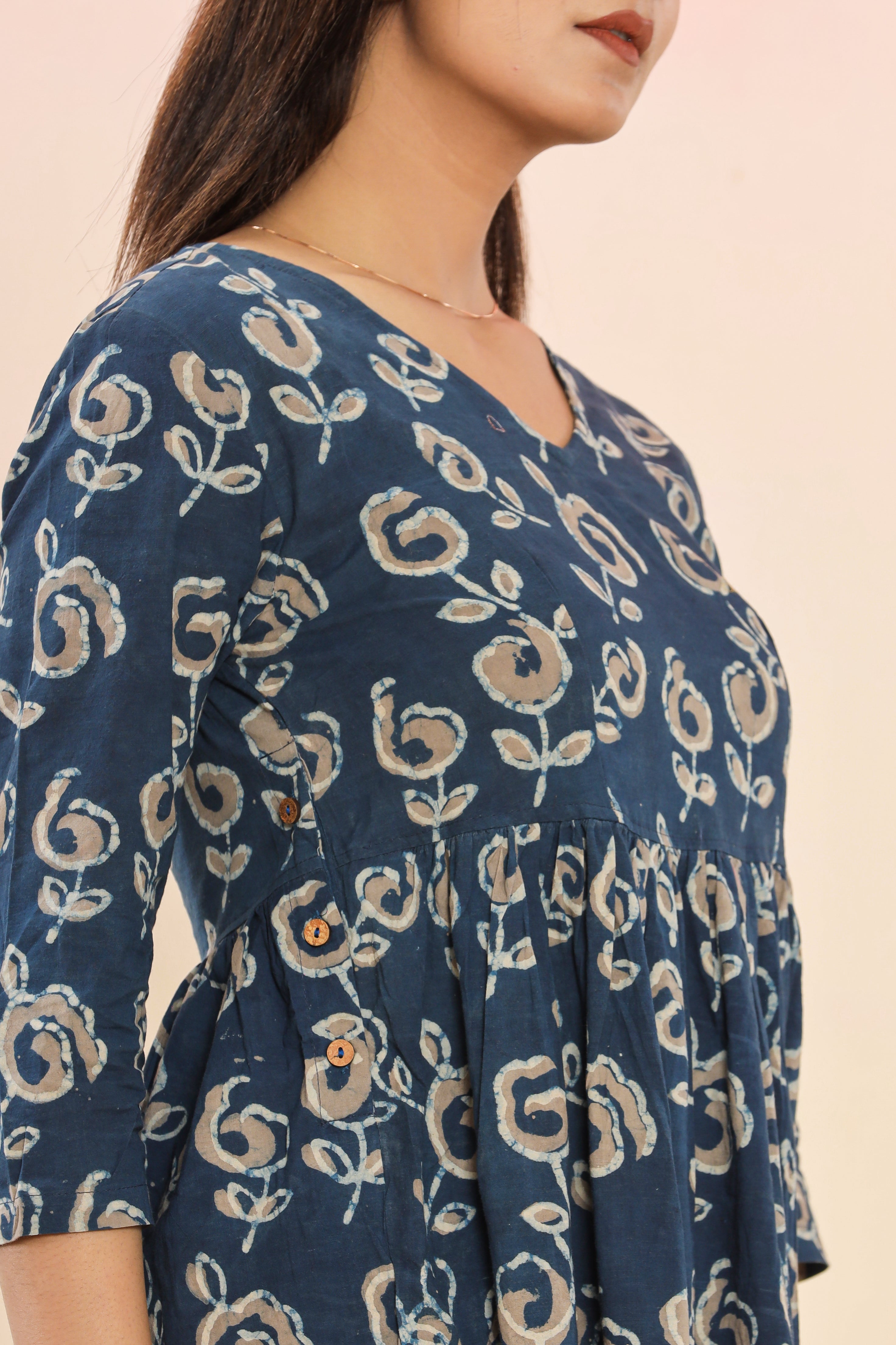 Indigo Starry Flower Flared Womens Hand Block Printed Tops