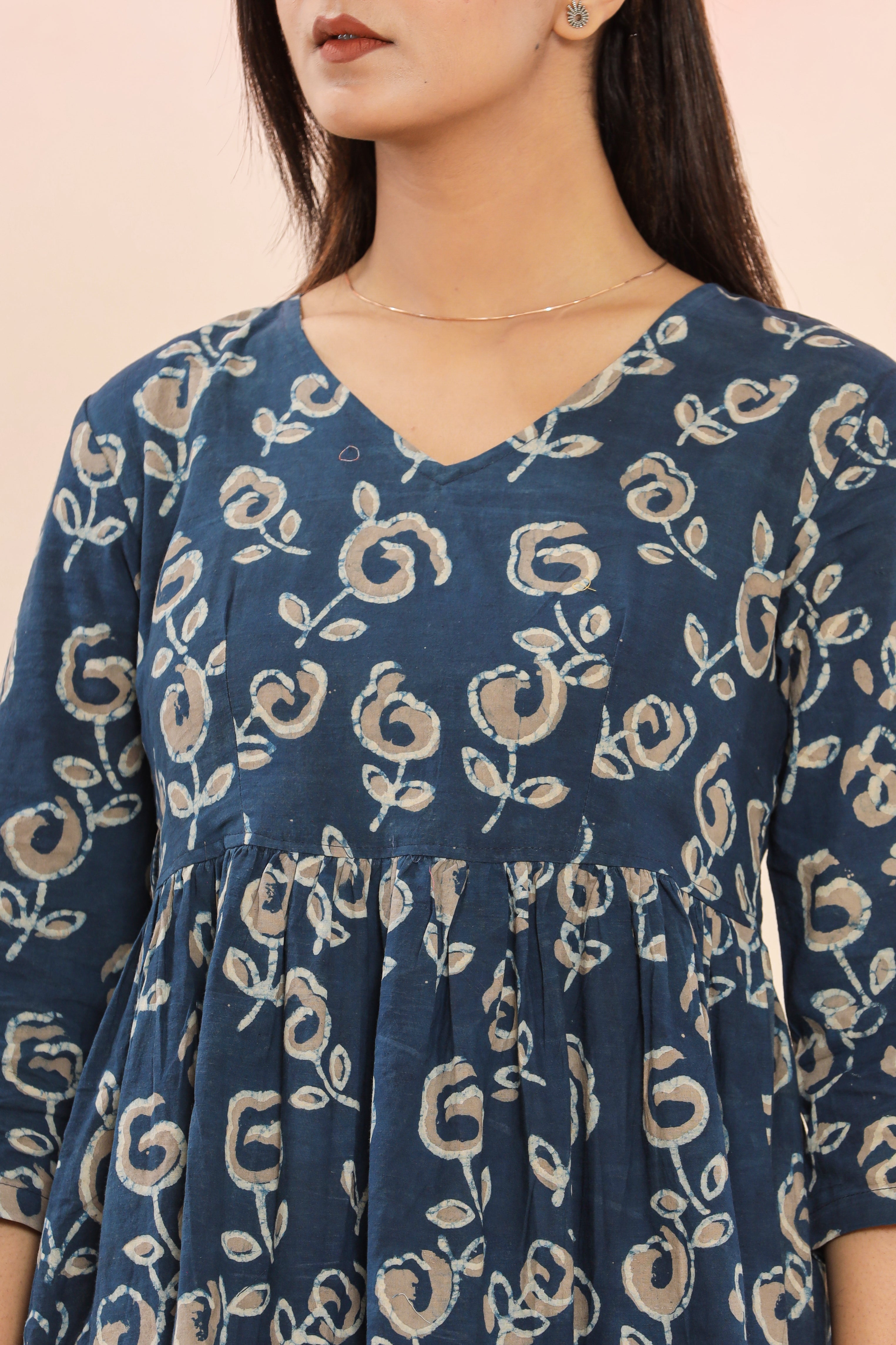 Indigo Starry Flower Flared Womens Hand Block Printed Tops