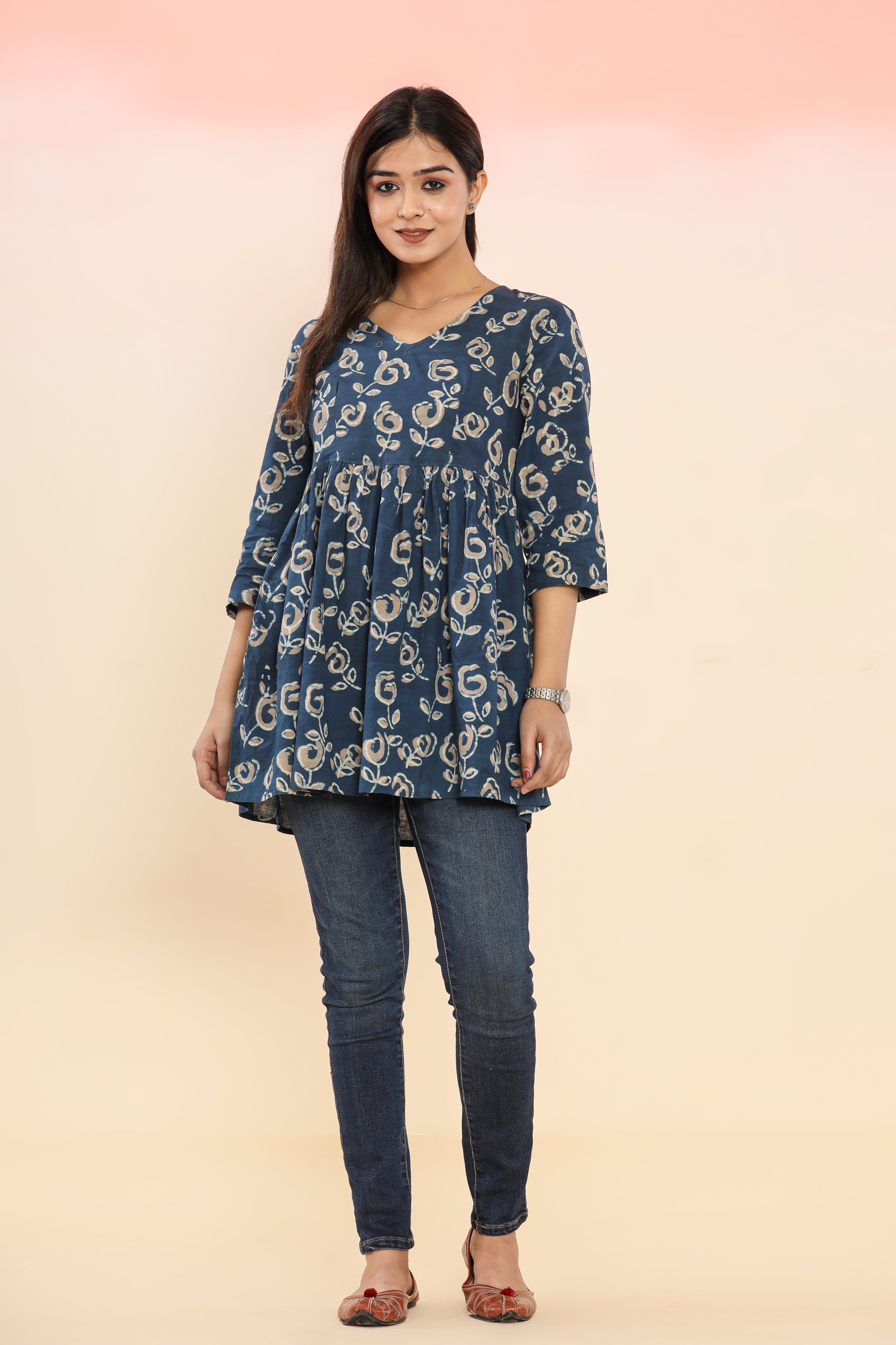 Indigo Starry Flower Flared Womens Hand Block Printed Tops