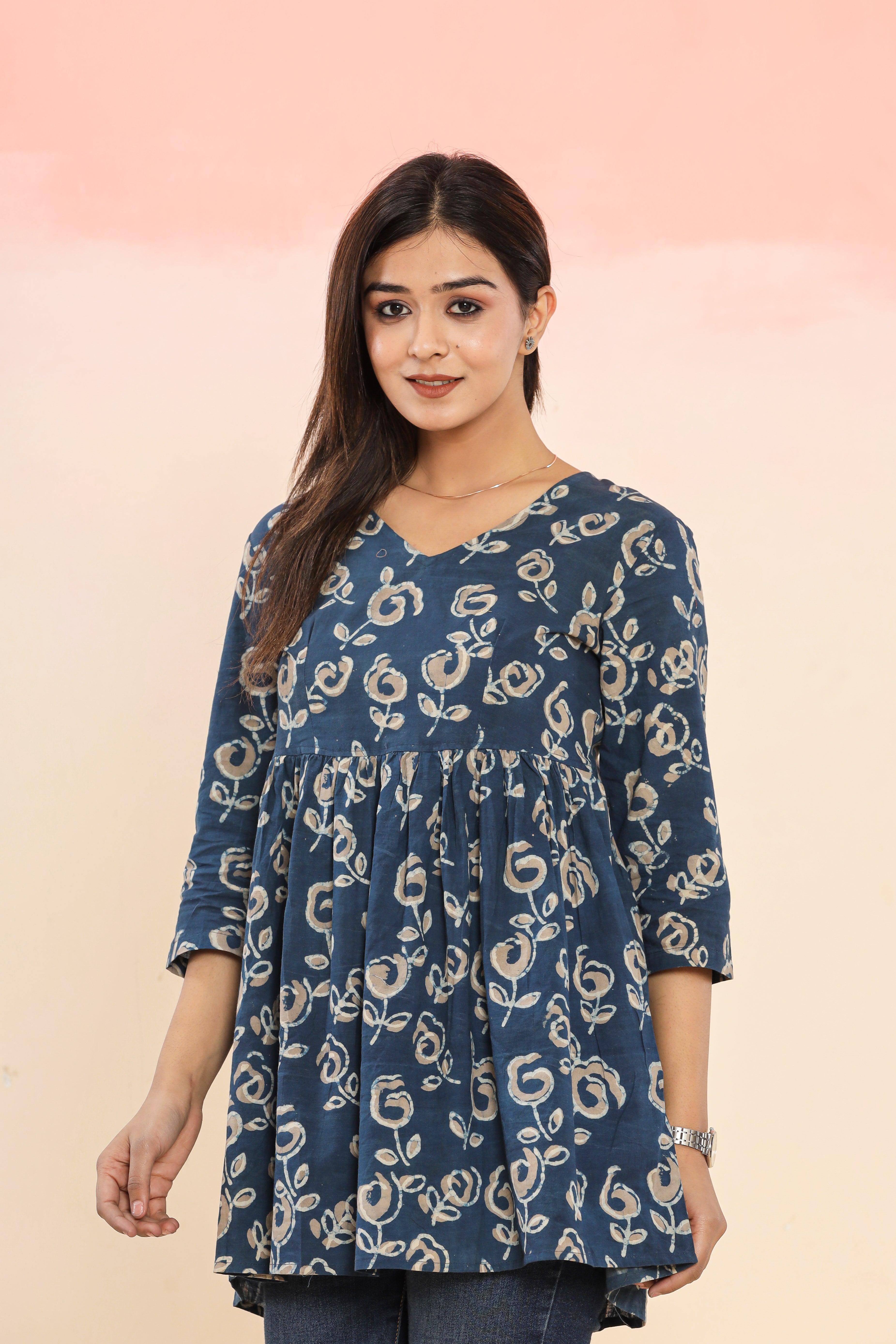 Indigo Starry Flower Flared Womens Hand Block Printed Tops