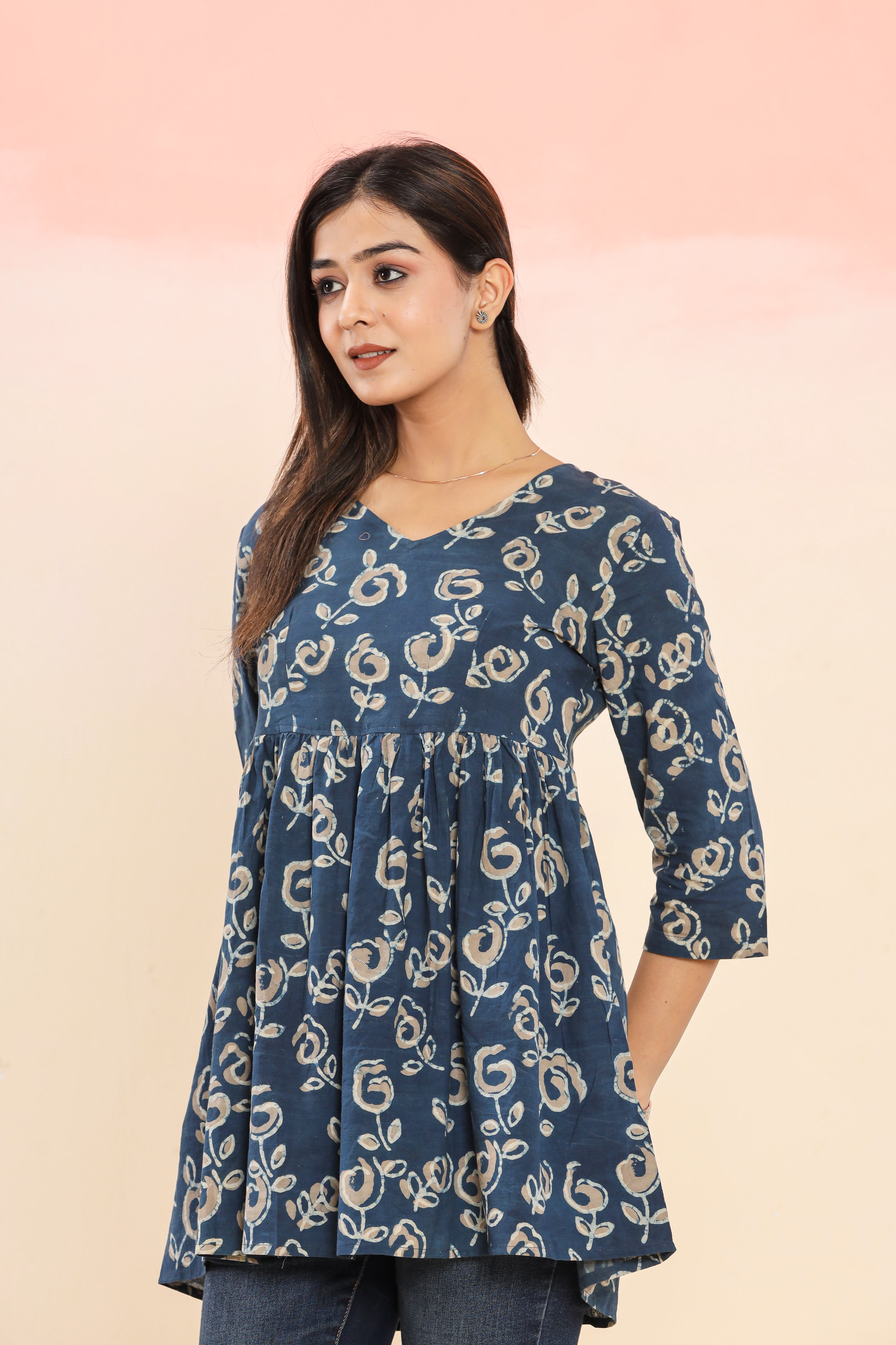 Indigo Starry Flower Flared Womens Hand Block Printed Tops