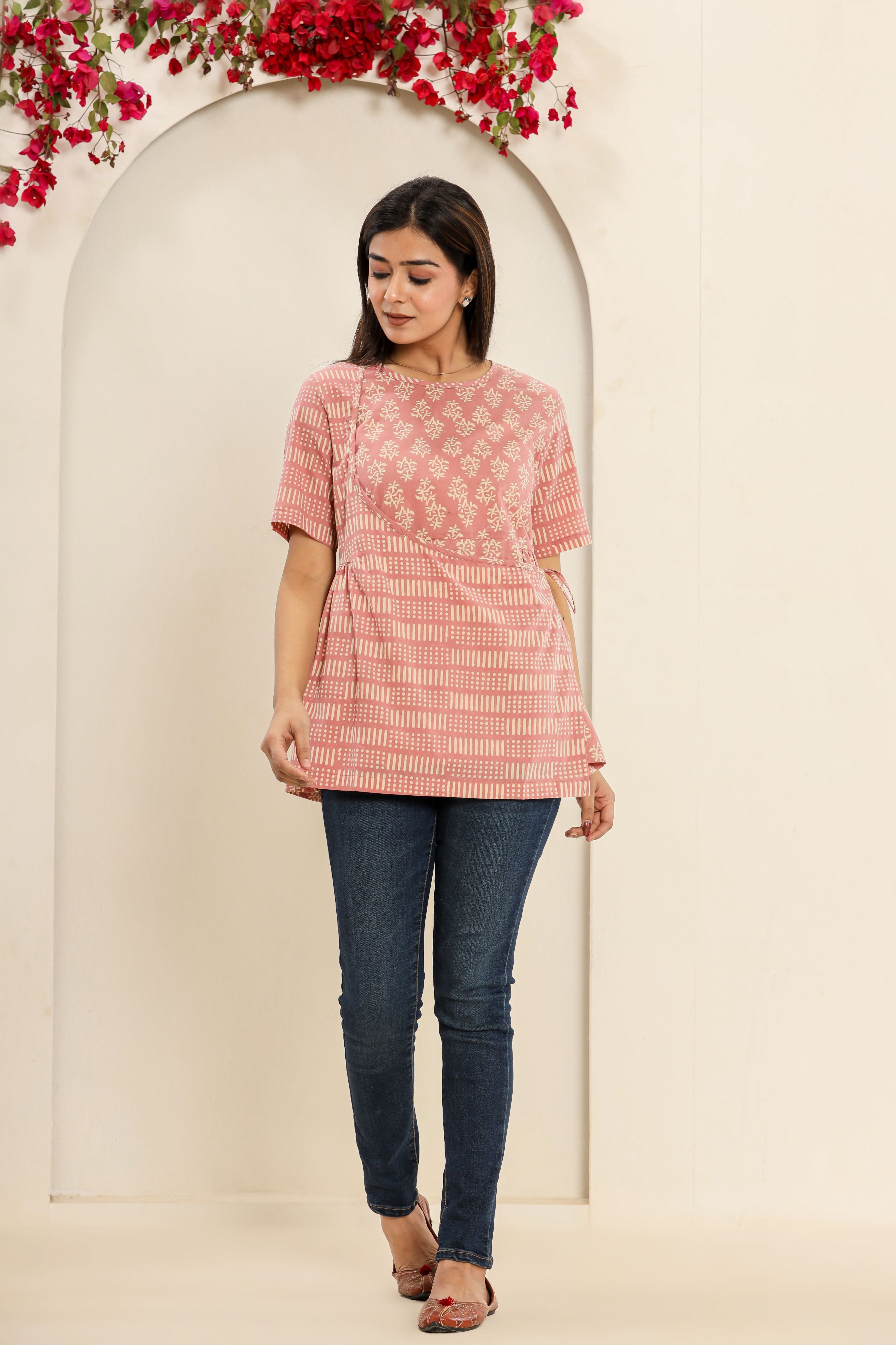 Dusty Pink Phool Angrakha Womens Hand Block Printed Tops