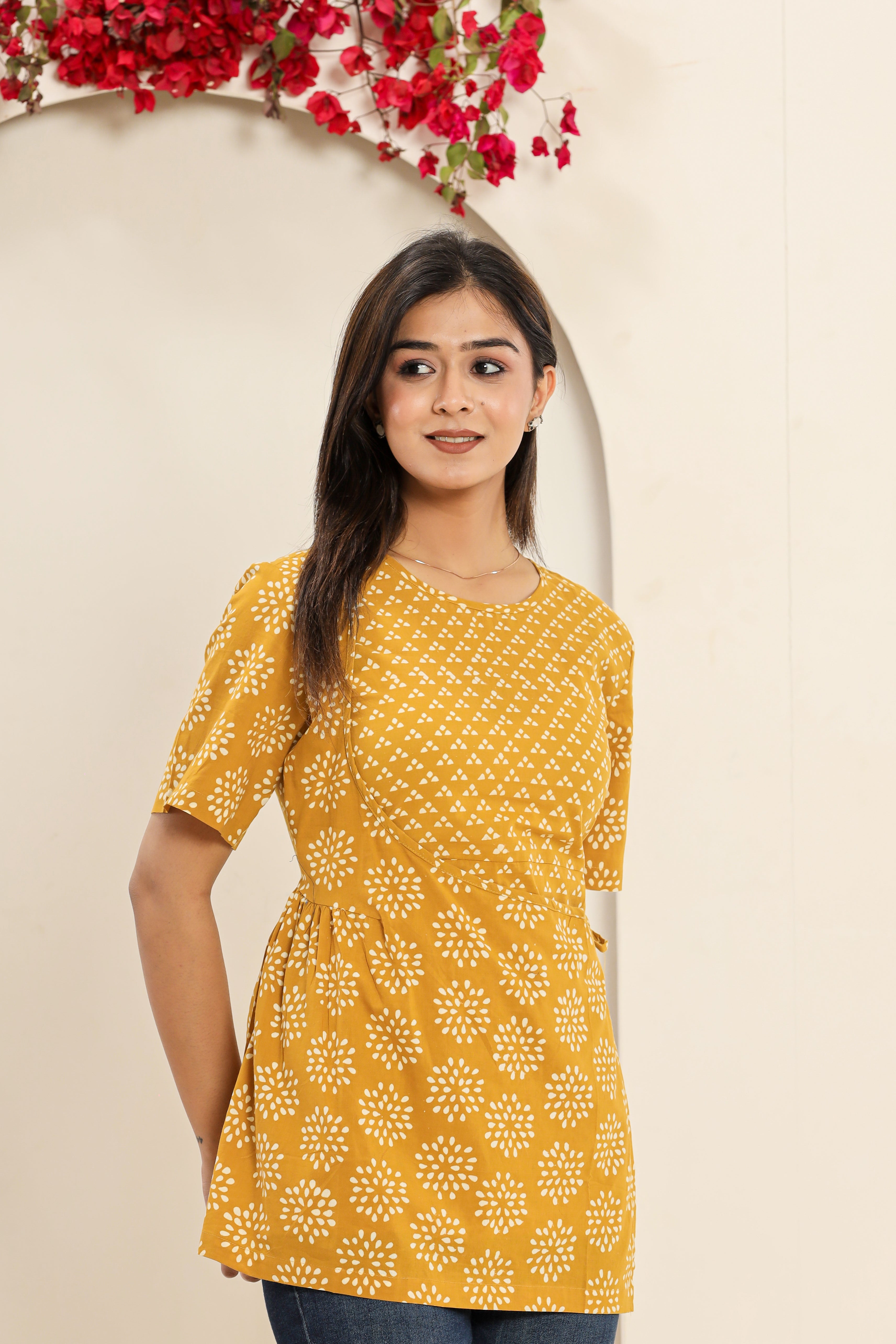 Yellow Sunshine Trikon Phool Angrakha Womens Hand Block Printed Tops