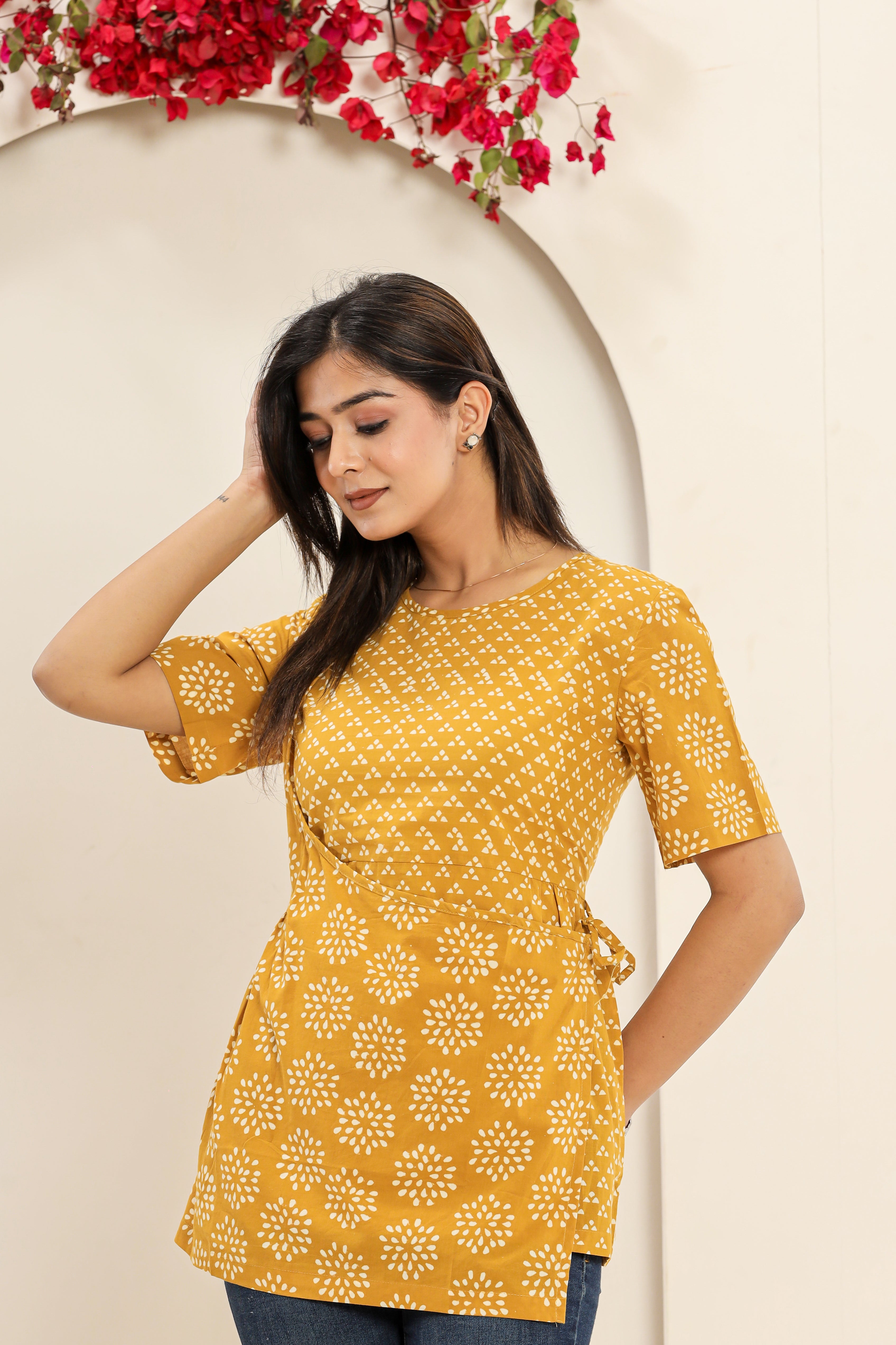 Yellow Sunshine Trikon Phool Angrakha Womens Hand Block Printed Tops