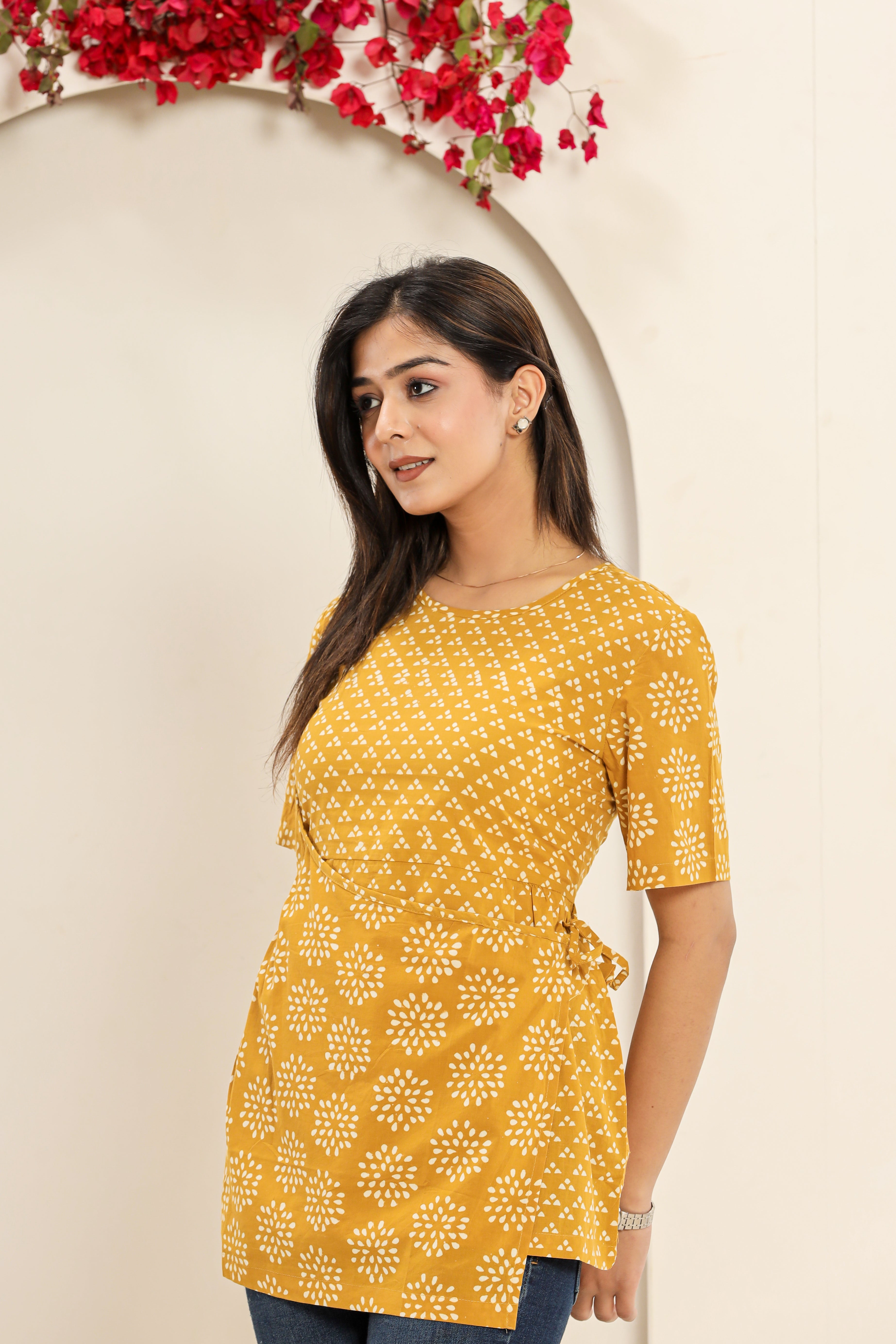 Yellow Sunshine Trikon Phool Angrakha Womens Hand Block Printed Tops