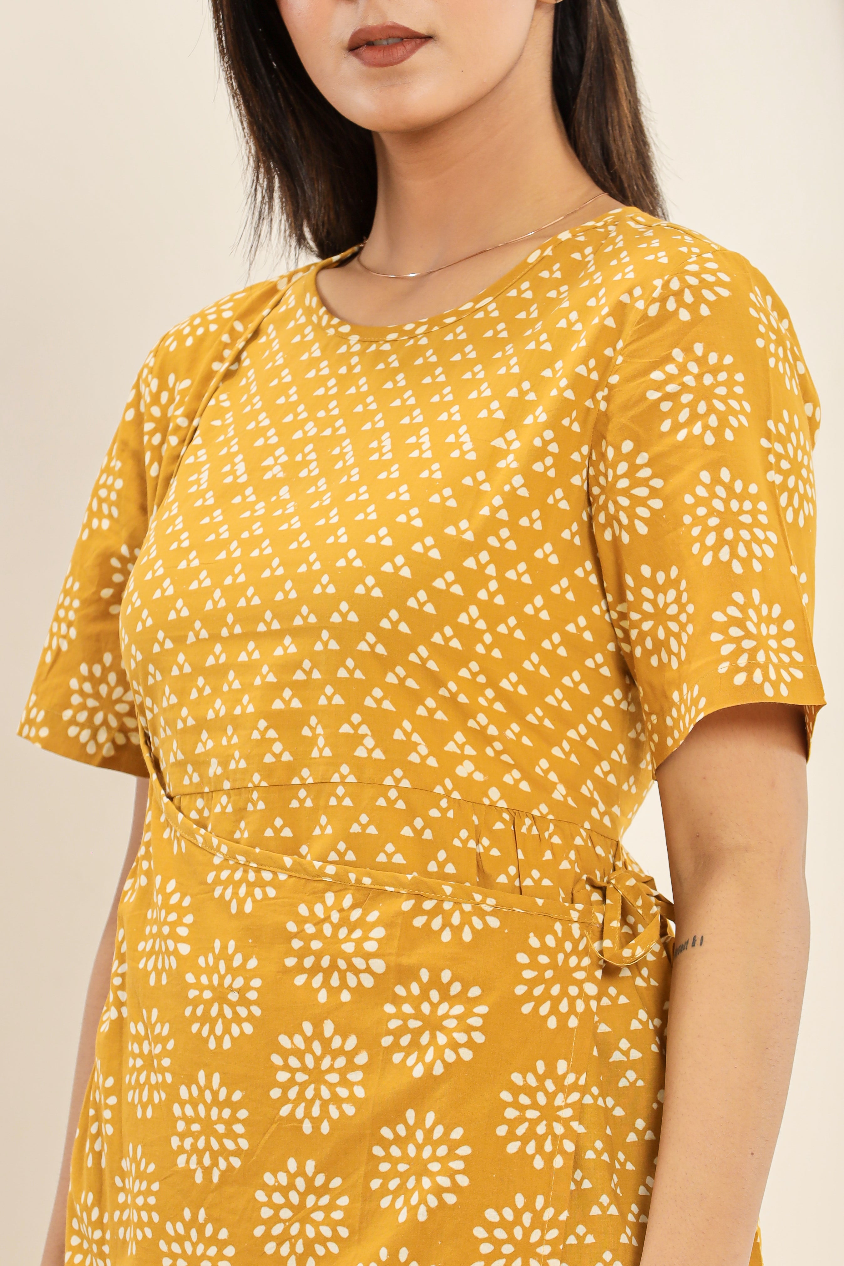 Yellow Sunshine Trikon Phool Angrakha Womens Hand Block Printed Tops