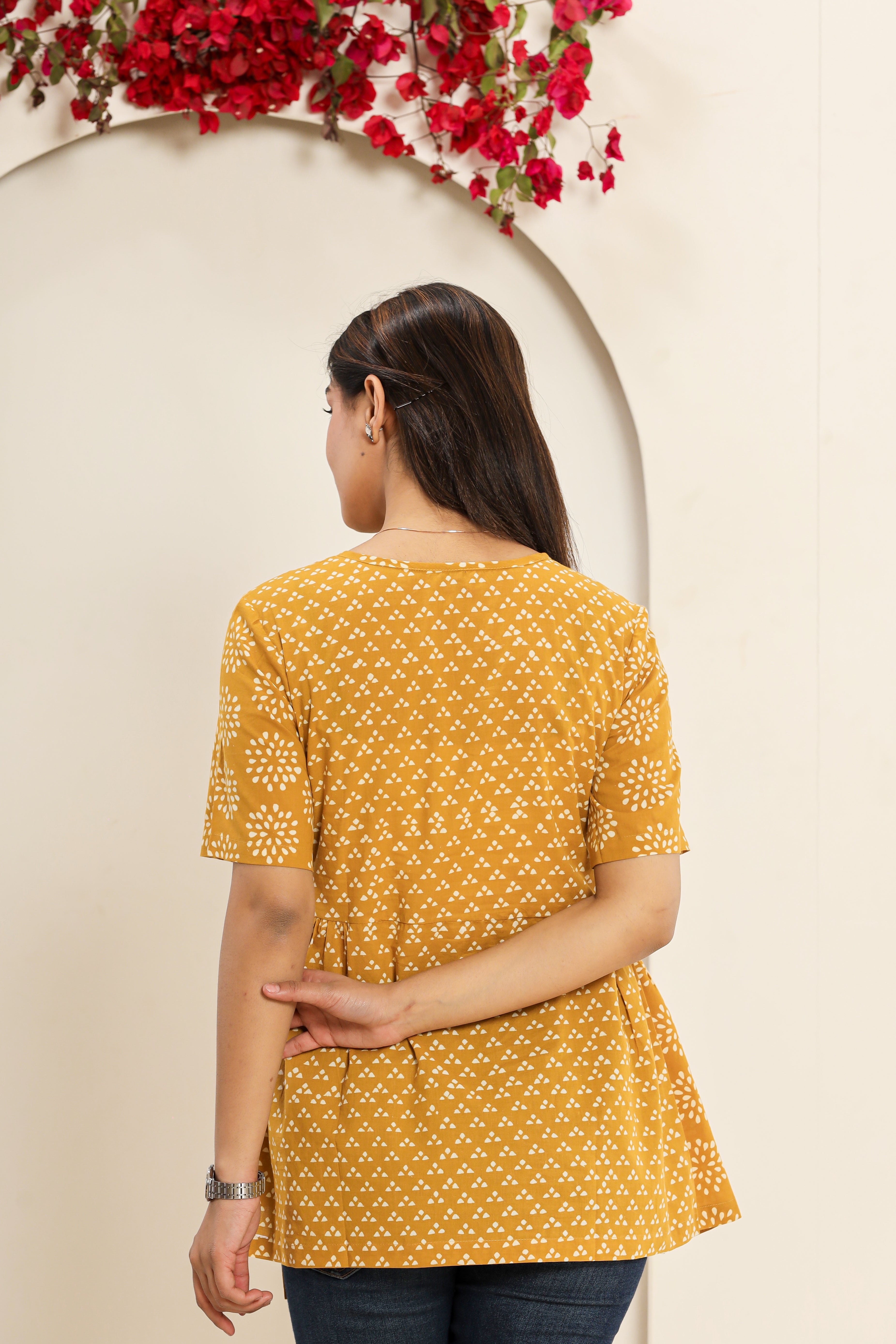 Yellow Sunshine Trikon Phool Angrakha Womens Hand Block Printed Tops