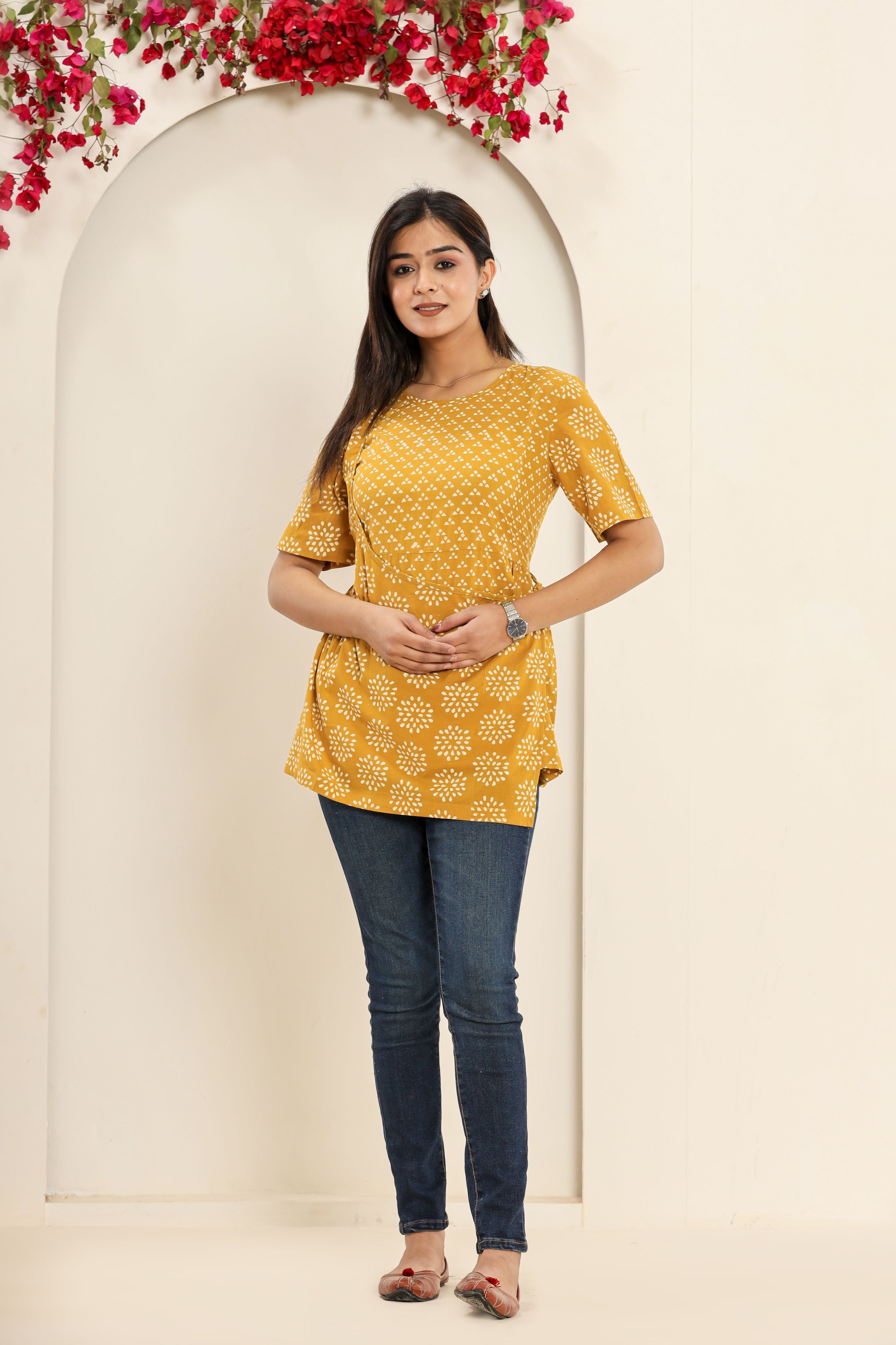 Yellow Sunshine Trikon Phool Angrakha Womens Hand Block Printed Tops