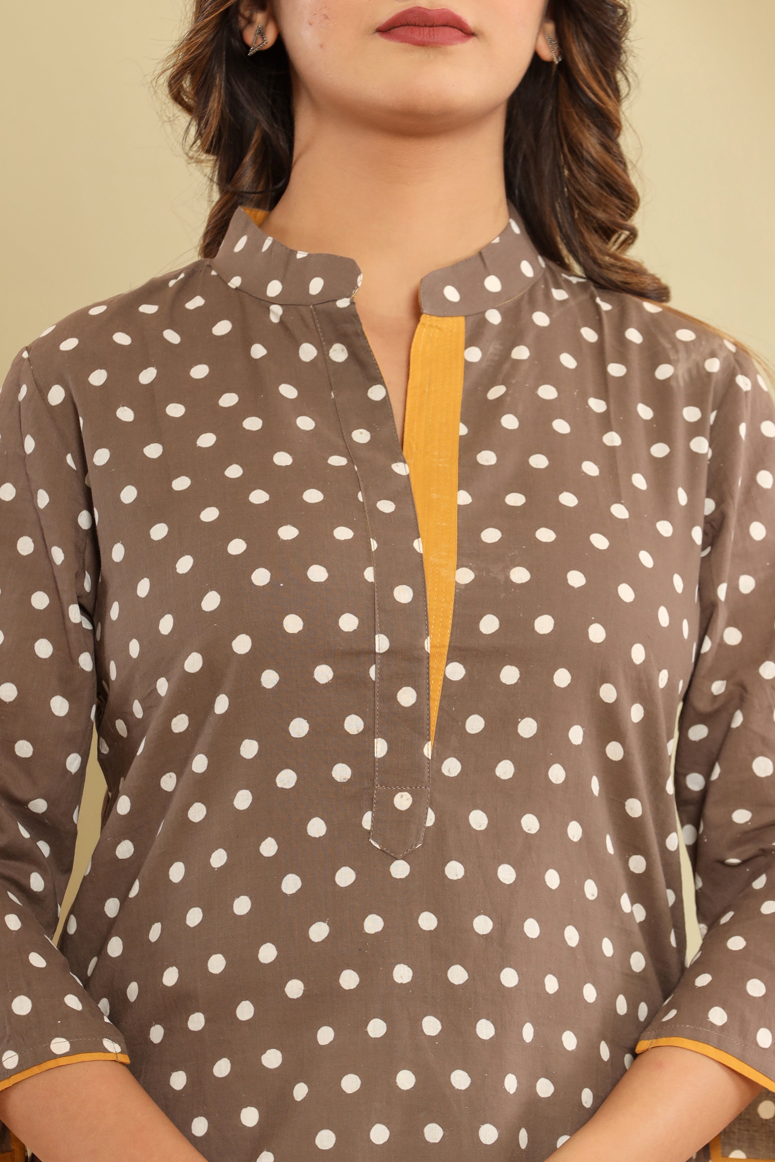 Grey Polka Dots Womens Hand Block Printed Tops