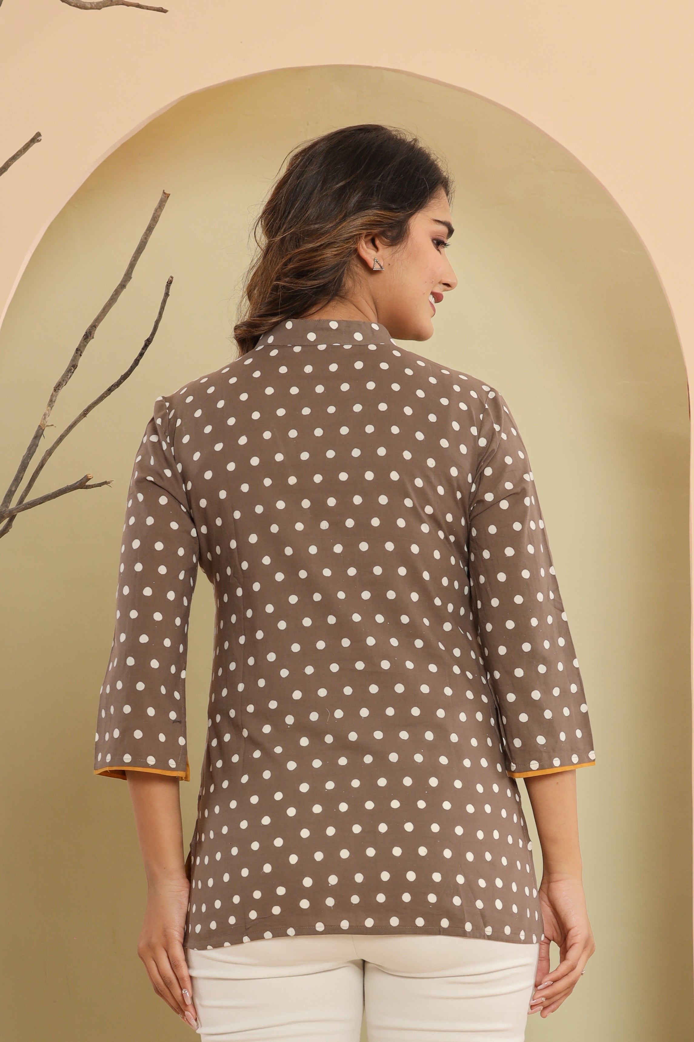 Grey Polka Dots Womens Hand Block Printed Tops