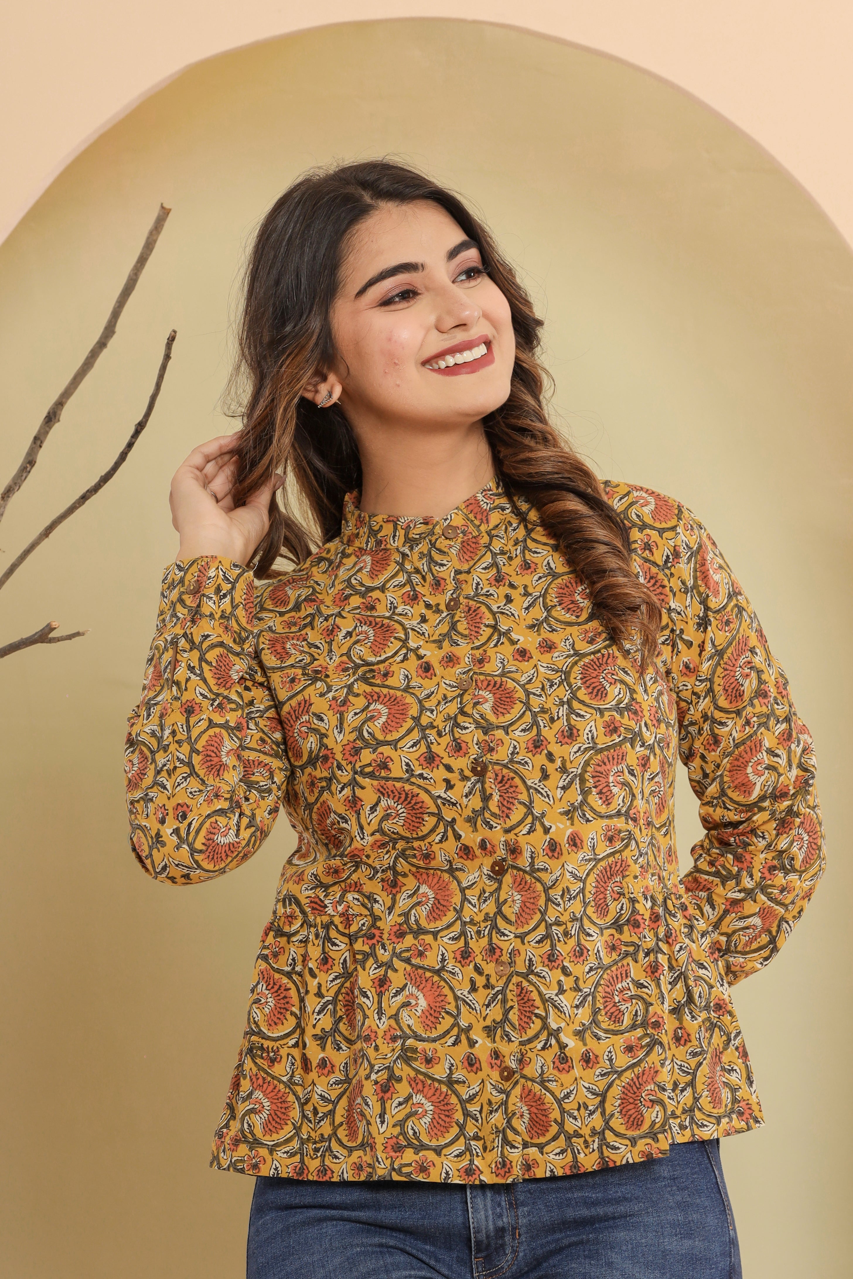 Bagru Yellow Jaal Womens Hand Block Printed Shirt Tops