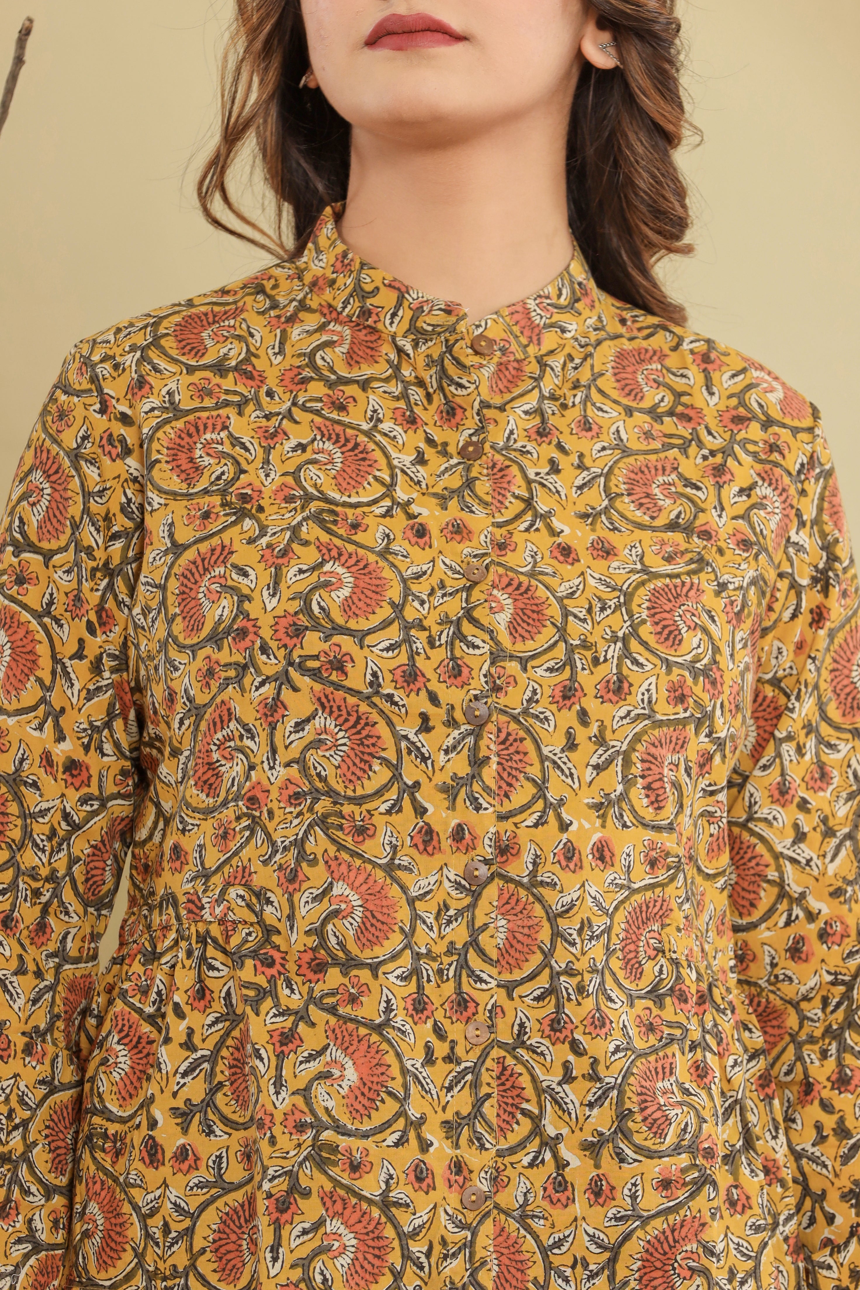 Bagru Yellow Jaal Womens Hand Block Printed Shirt Tops