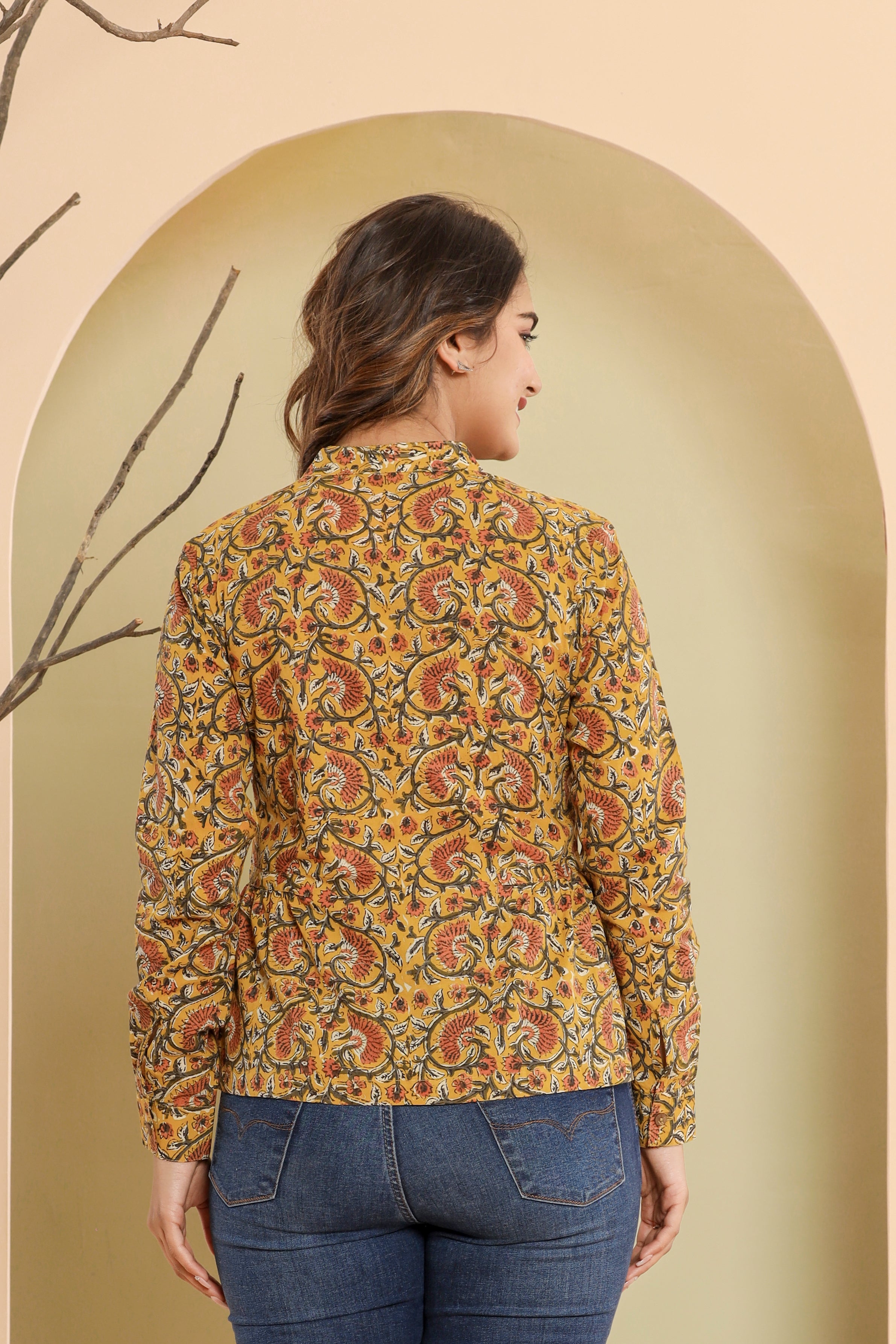 Bagru Yellow Jaal Womens Hand Block Printed Shirt Tops