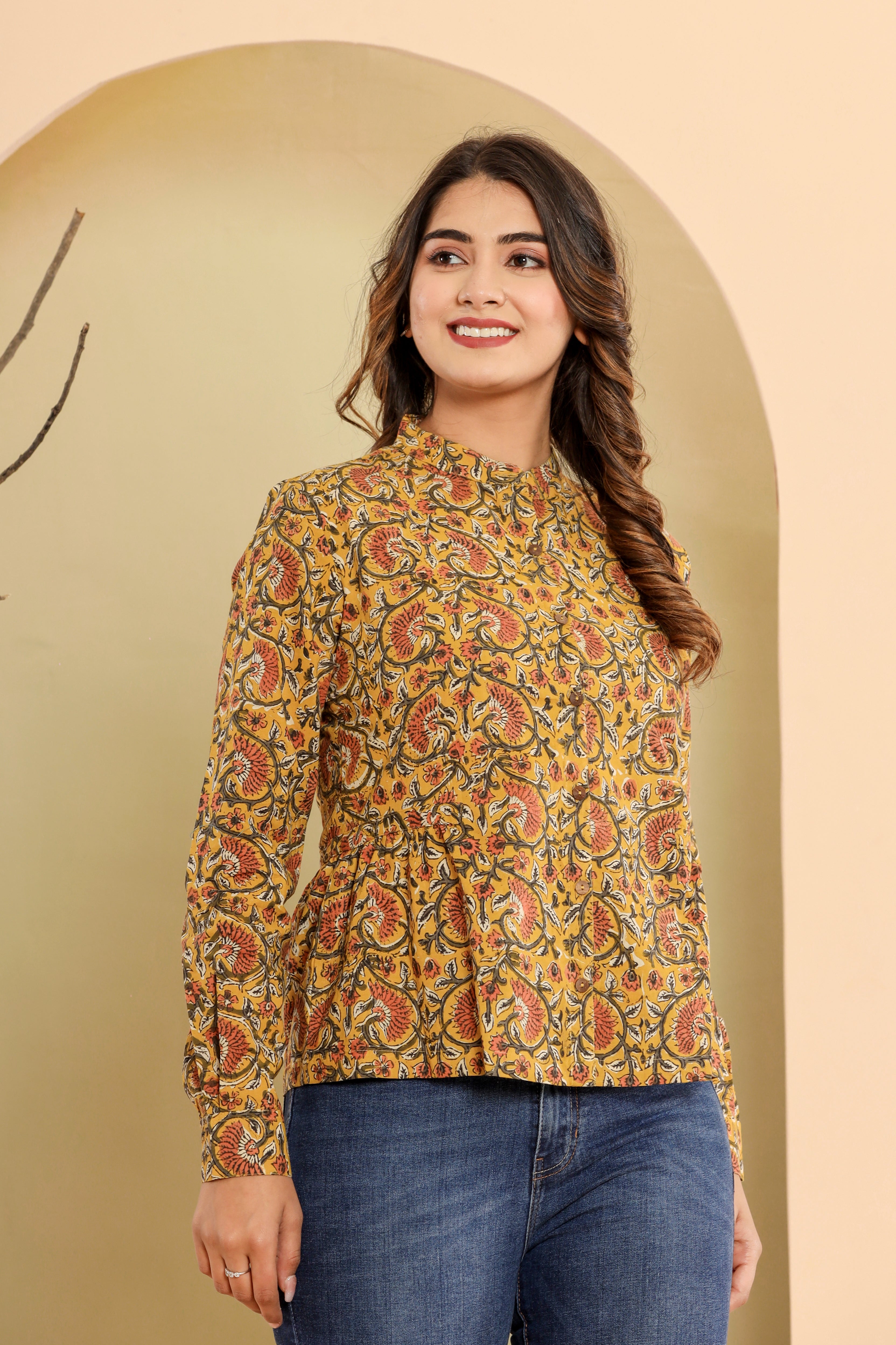 Bagru Yellow Jaal Womens Hand Block Printed Shirt Tops