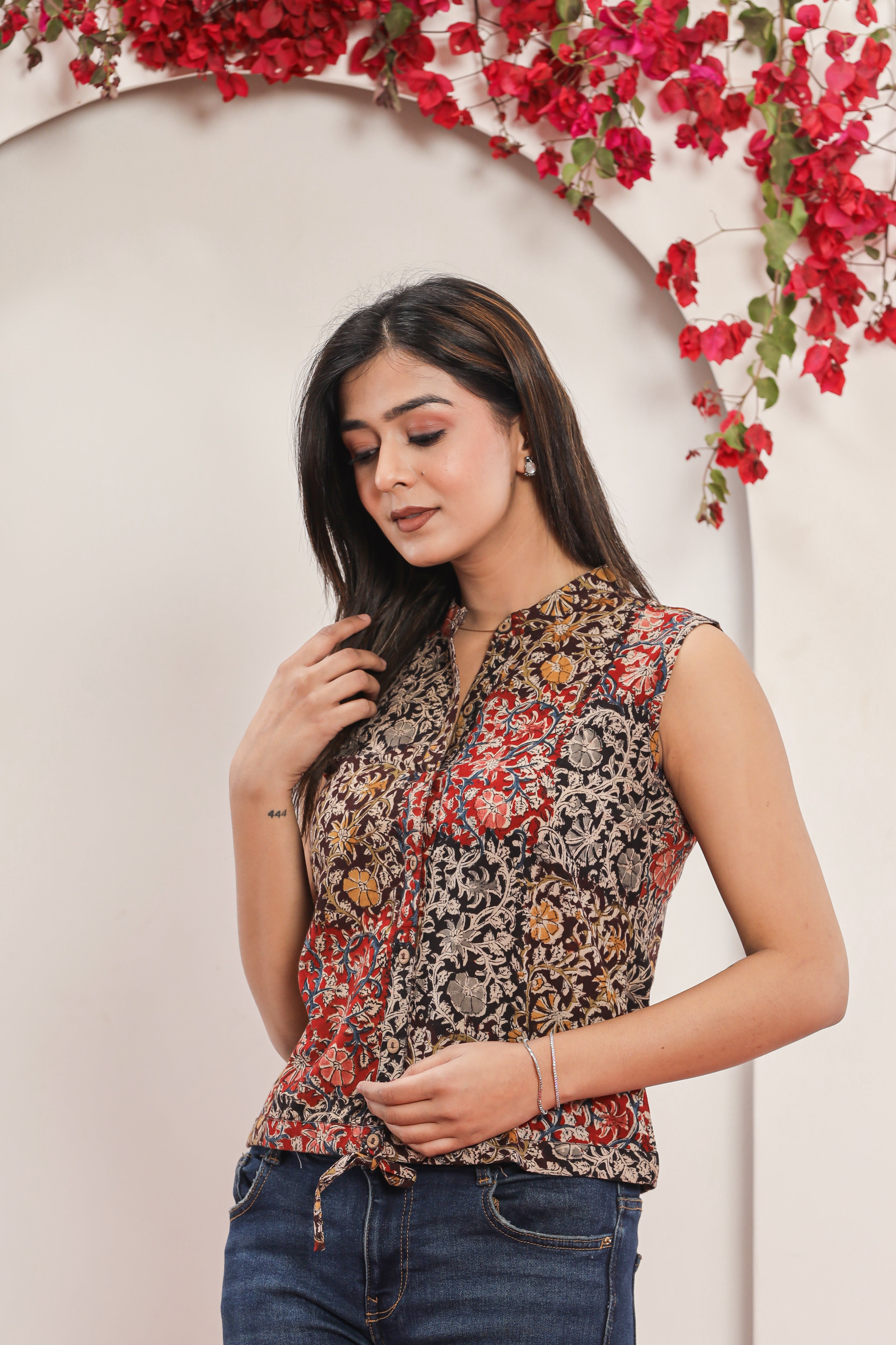 Kalamkari Patch Print Sleeveless Womens Hand Block Printed Tops