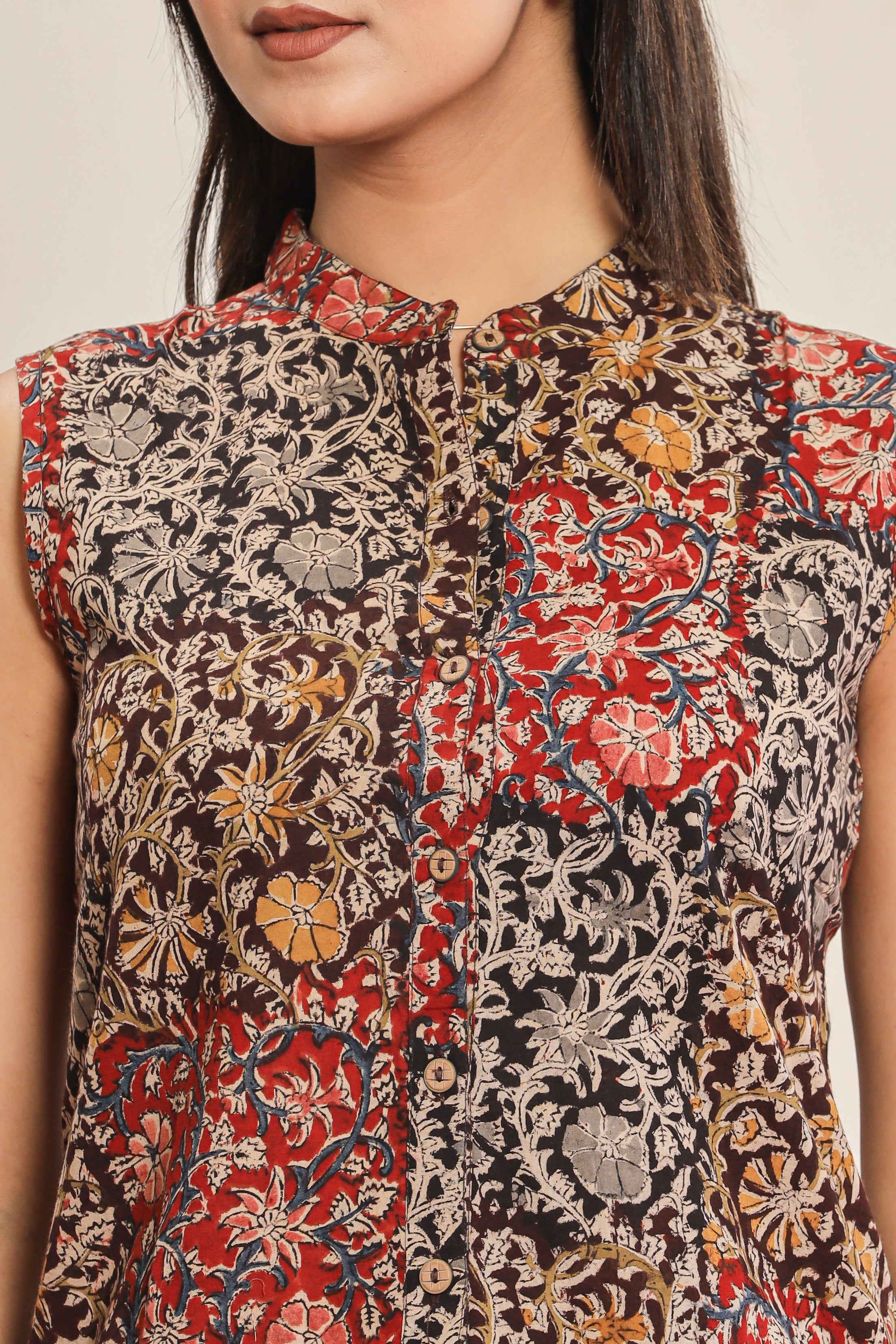 Kalamkari Patch Print Sleeveless Womens Hand Block Printed Tops